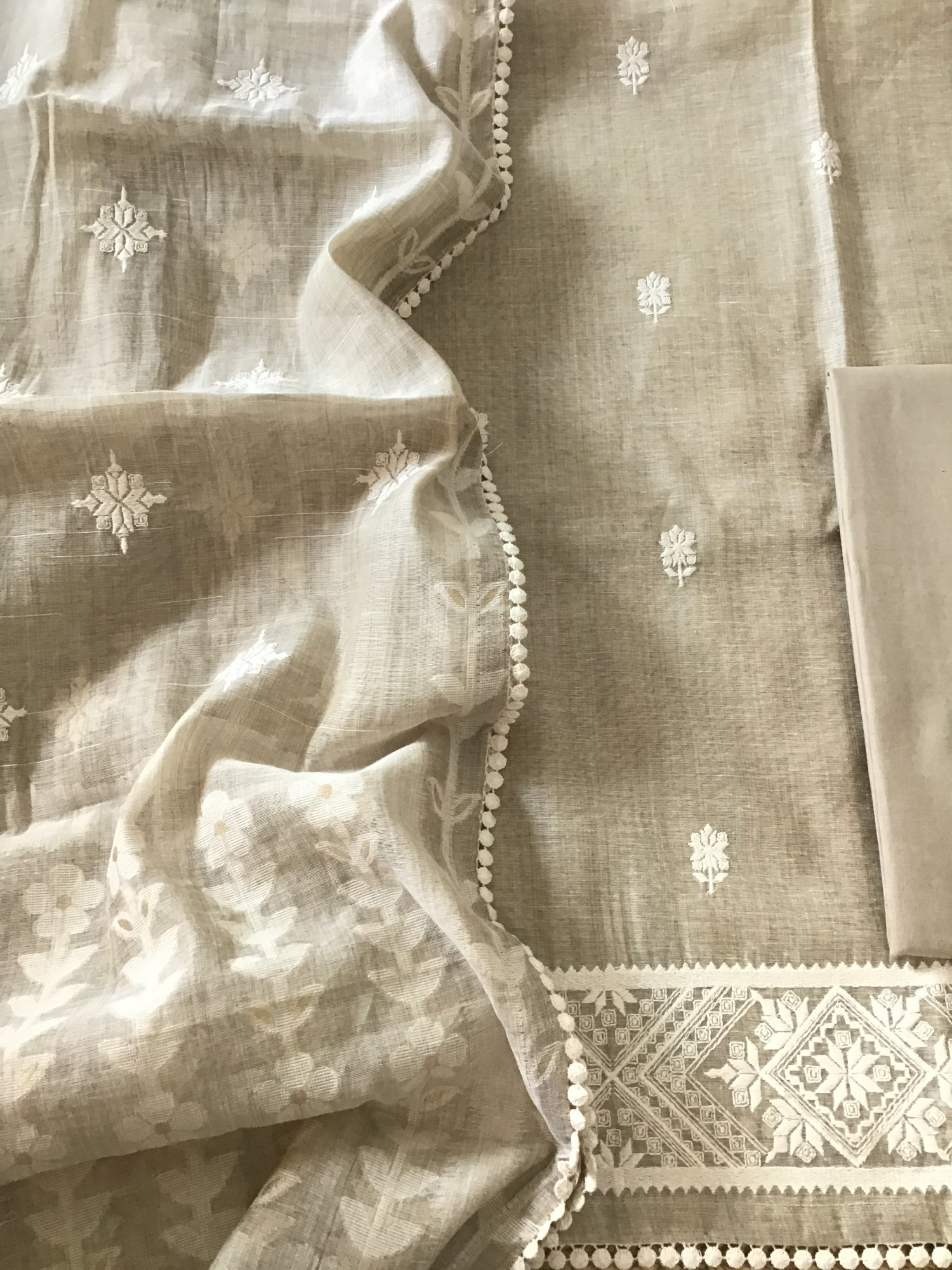 Soft Slub Chanderi Jamdani Weaved Embroidered Suit - Beige