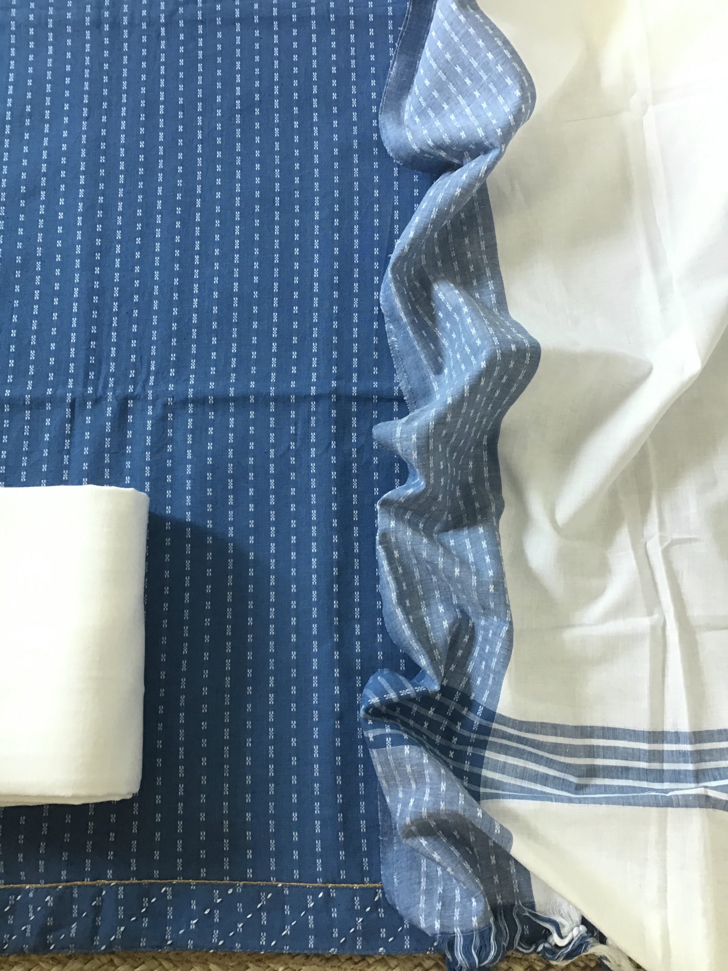 Pure Fine Handloom Cotton Self Weaved Suit - Blue