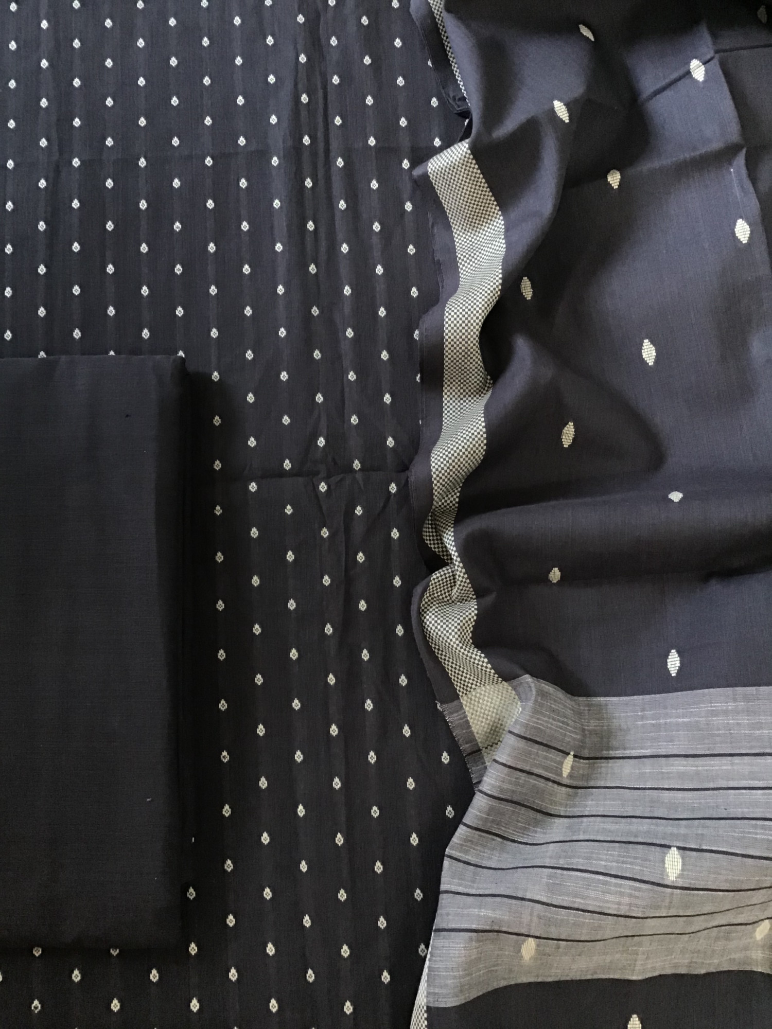 Pure Fine Handloom Cotton Self Weaved Suit - Dark Grey