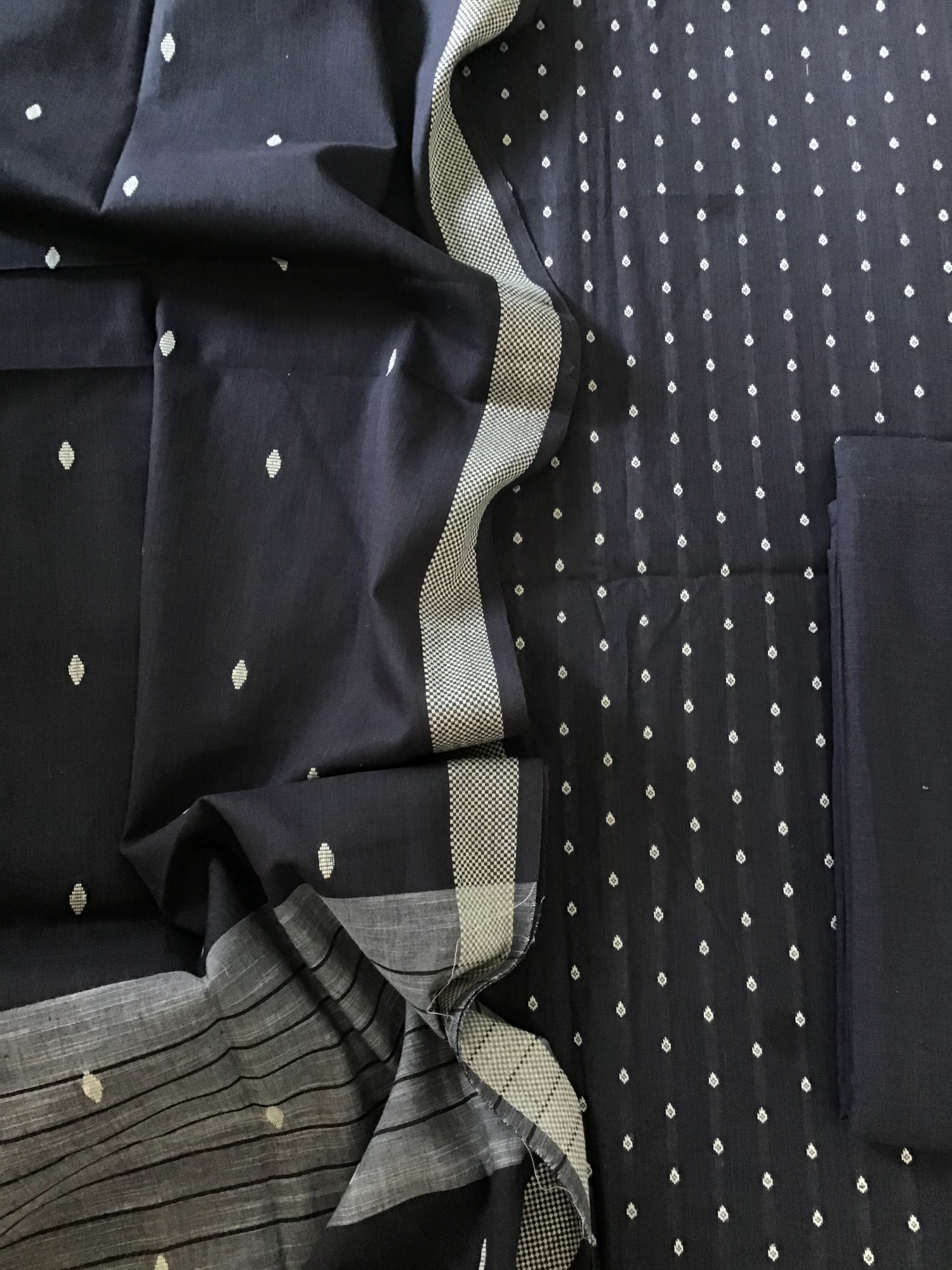 Pure Fine Handloom Cotton Self Weaved Suit - Dark Grey