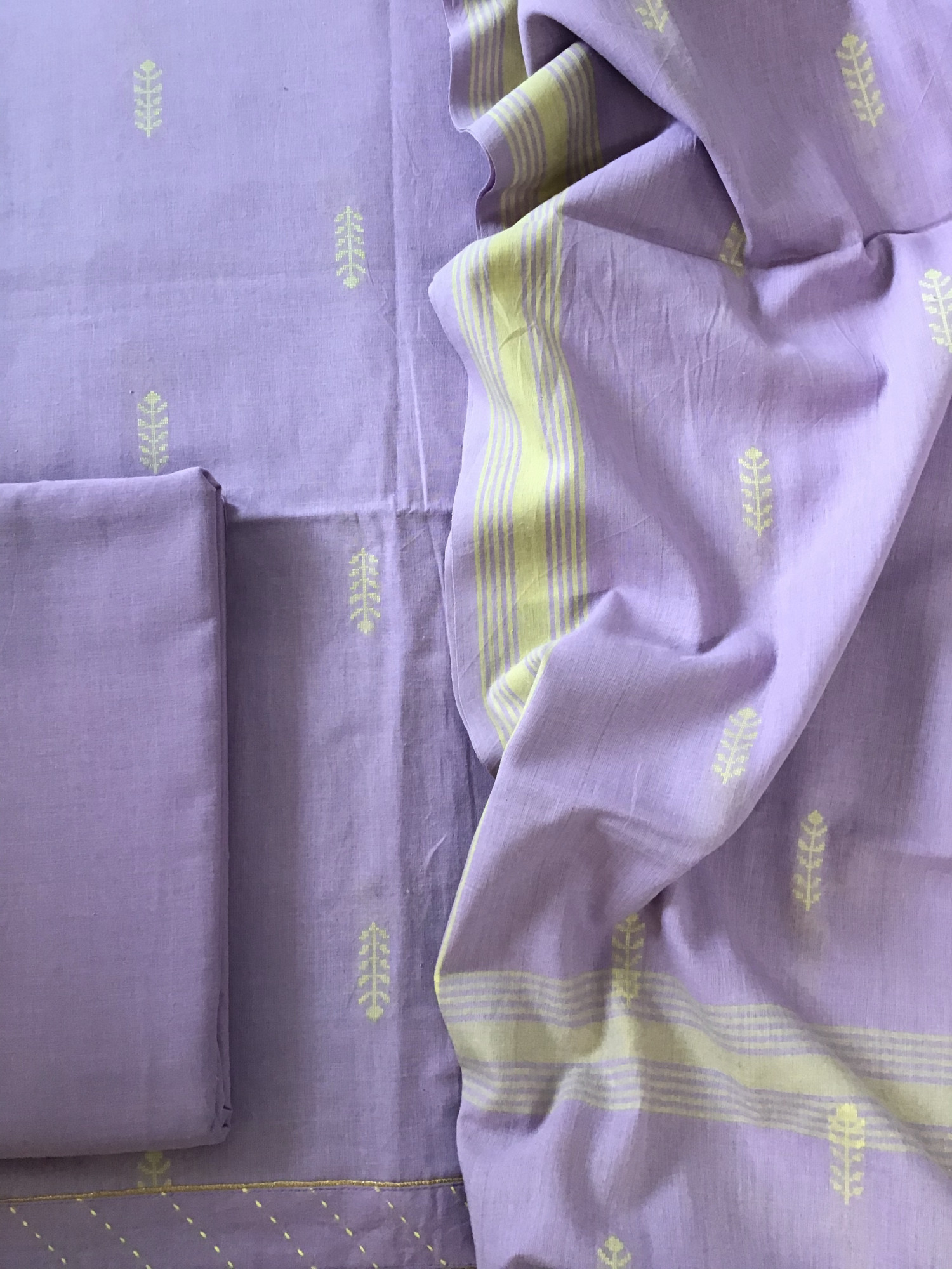 Pure Fine Handloom Cotton Self Weaved Suit - Lavender