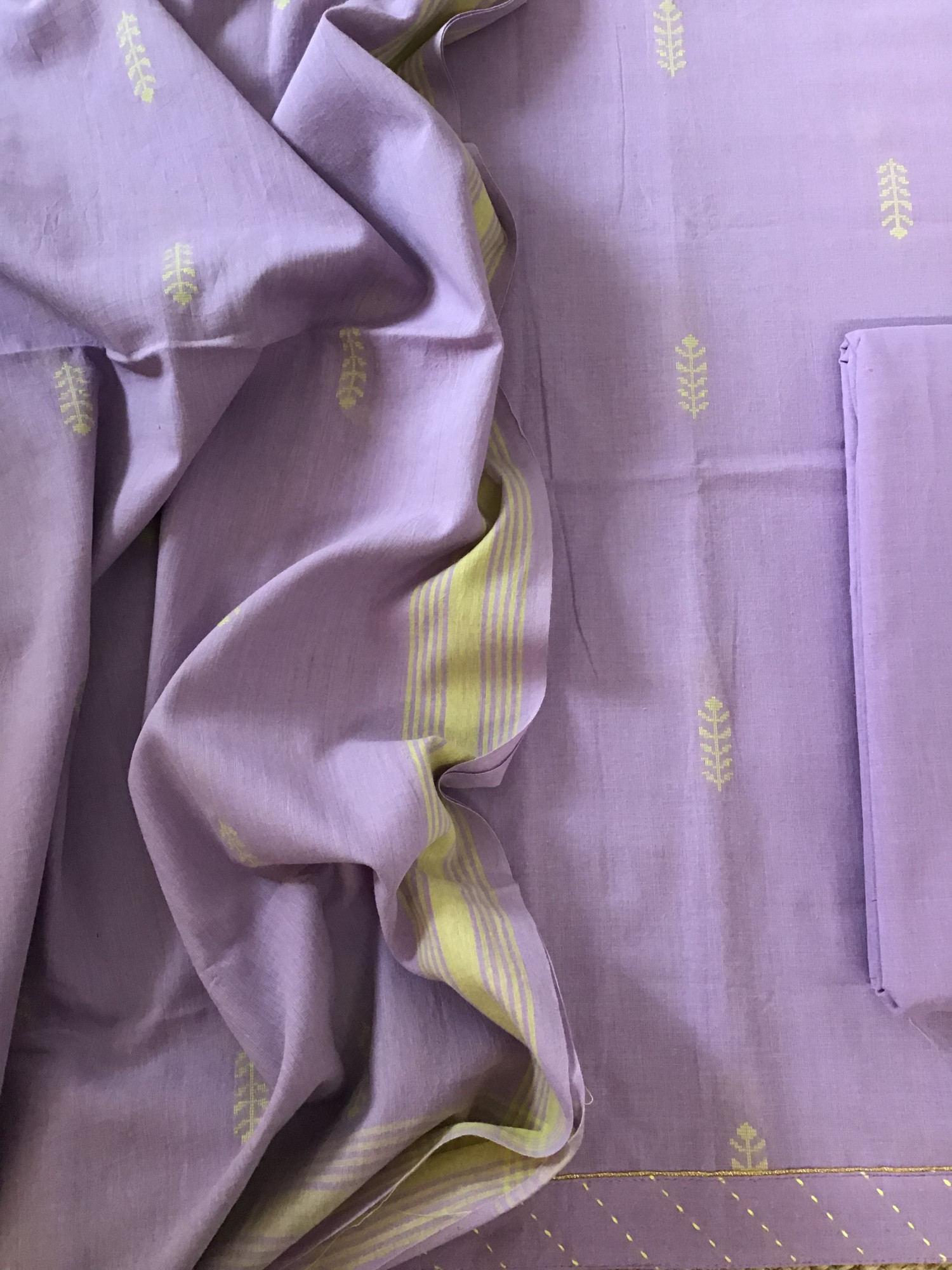 Pure Fine Handloom Cotton Self Weaved Suit - Lavender