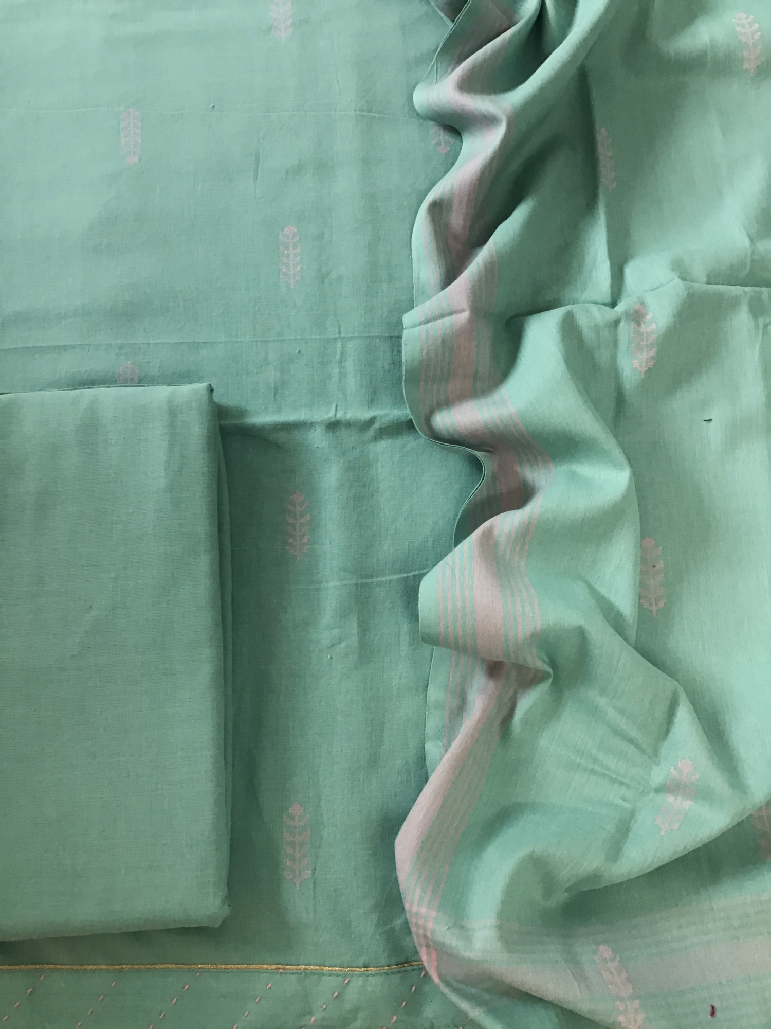 Pure Fine Handloom Cotton Self Weaved Suit - Green