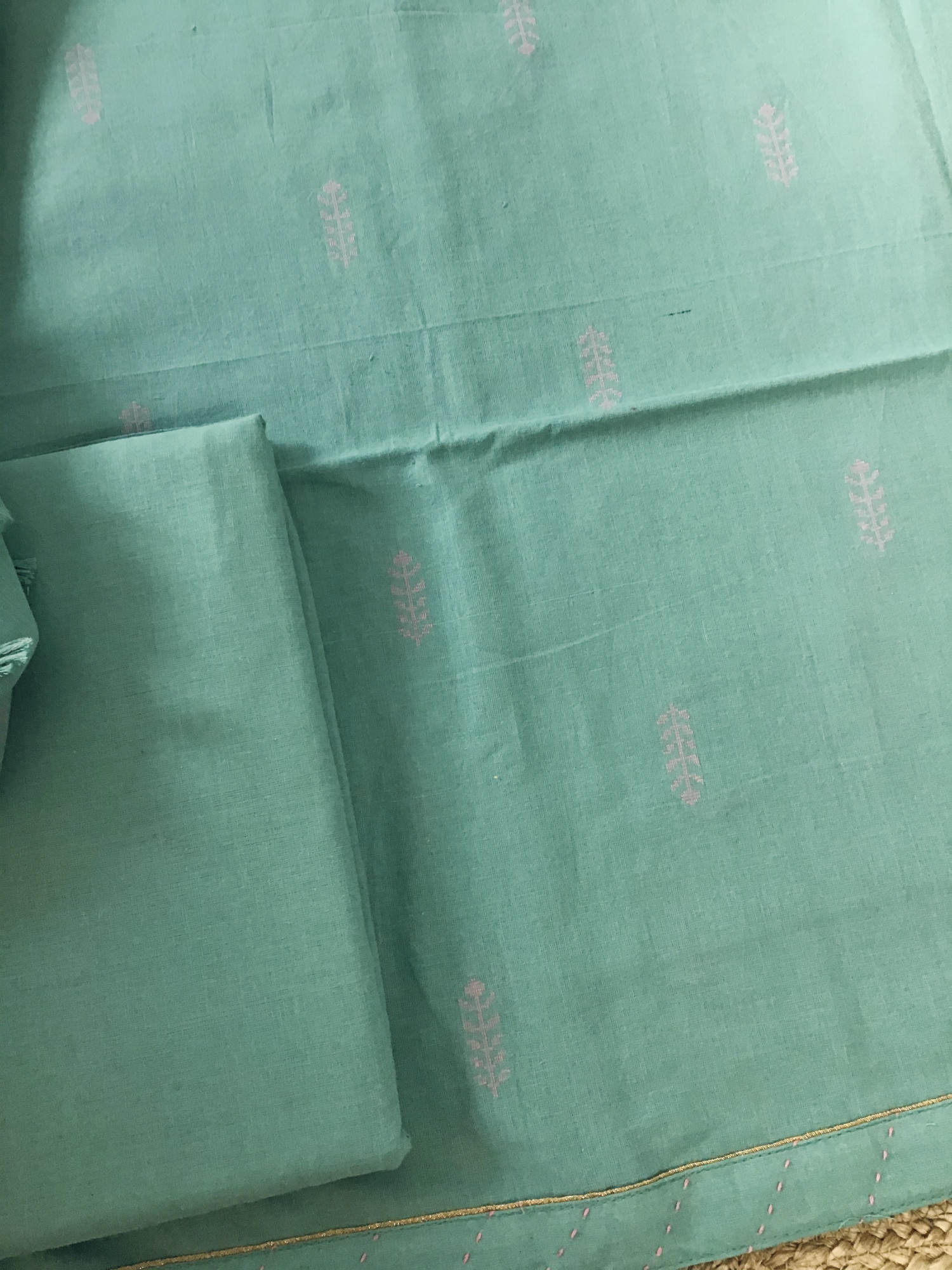 Pure Fine Handloom Cotton Self Weaved Suit - Green