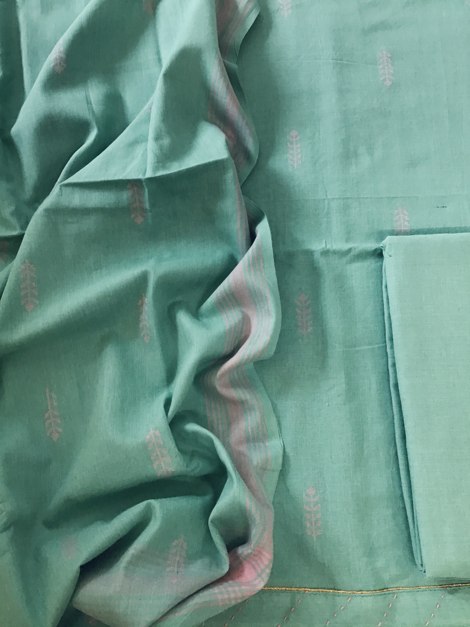 Pure Fine Handloom Cotton Self Weaved Suit - Green