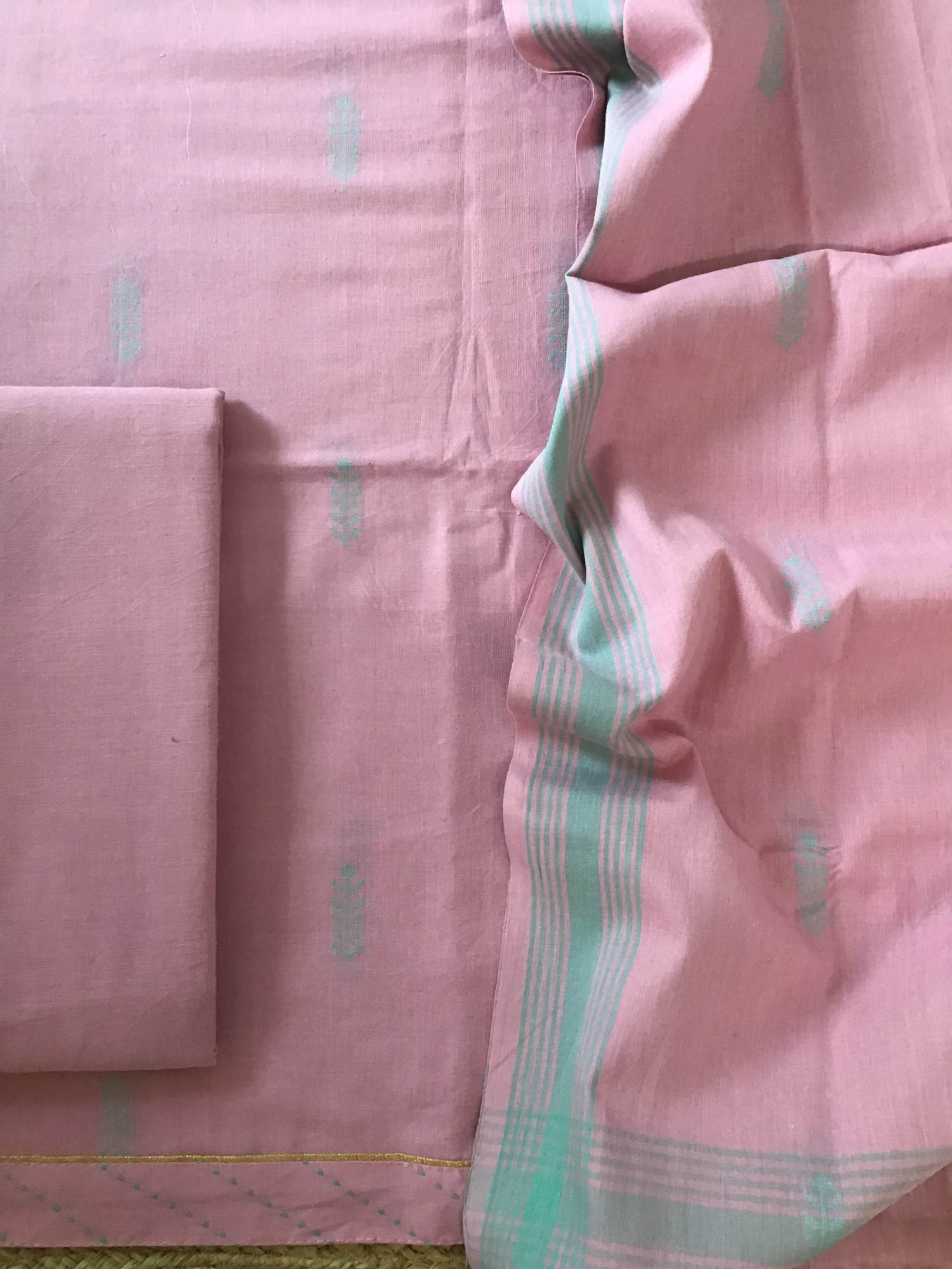 Pure Fine Handloom Cotton Self Weaved Suit - Pink