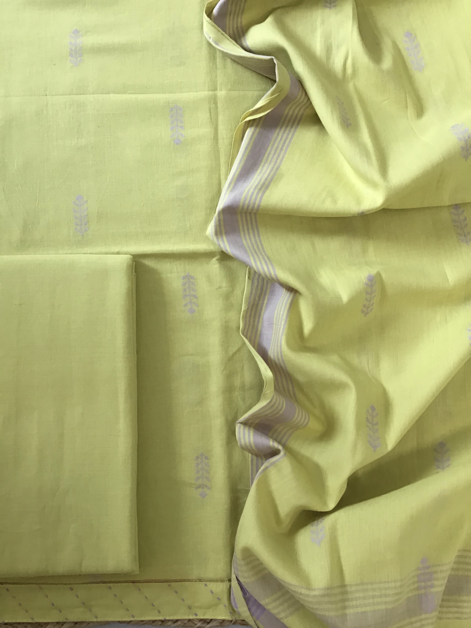 Pure Fine Handloom Cotton Self Weaved Suit - Yellow