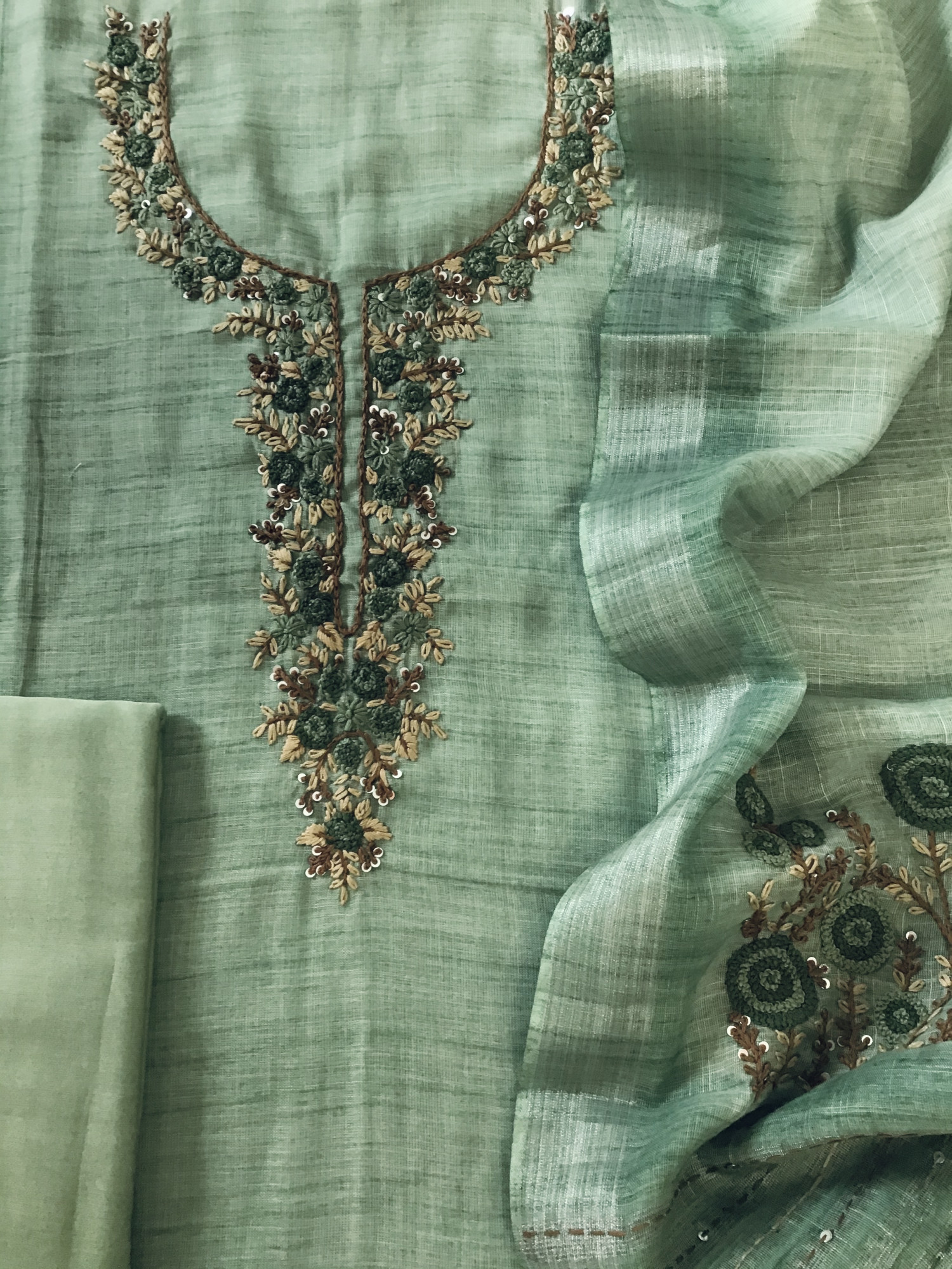 Soft Semi Linen Jute Cotton Printed Embroidered Suit - Green