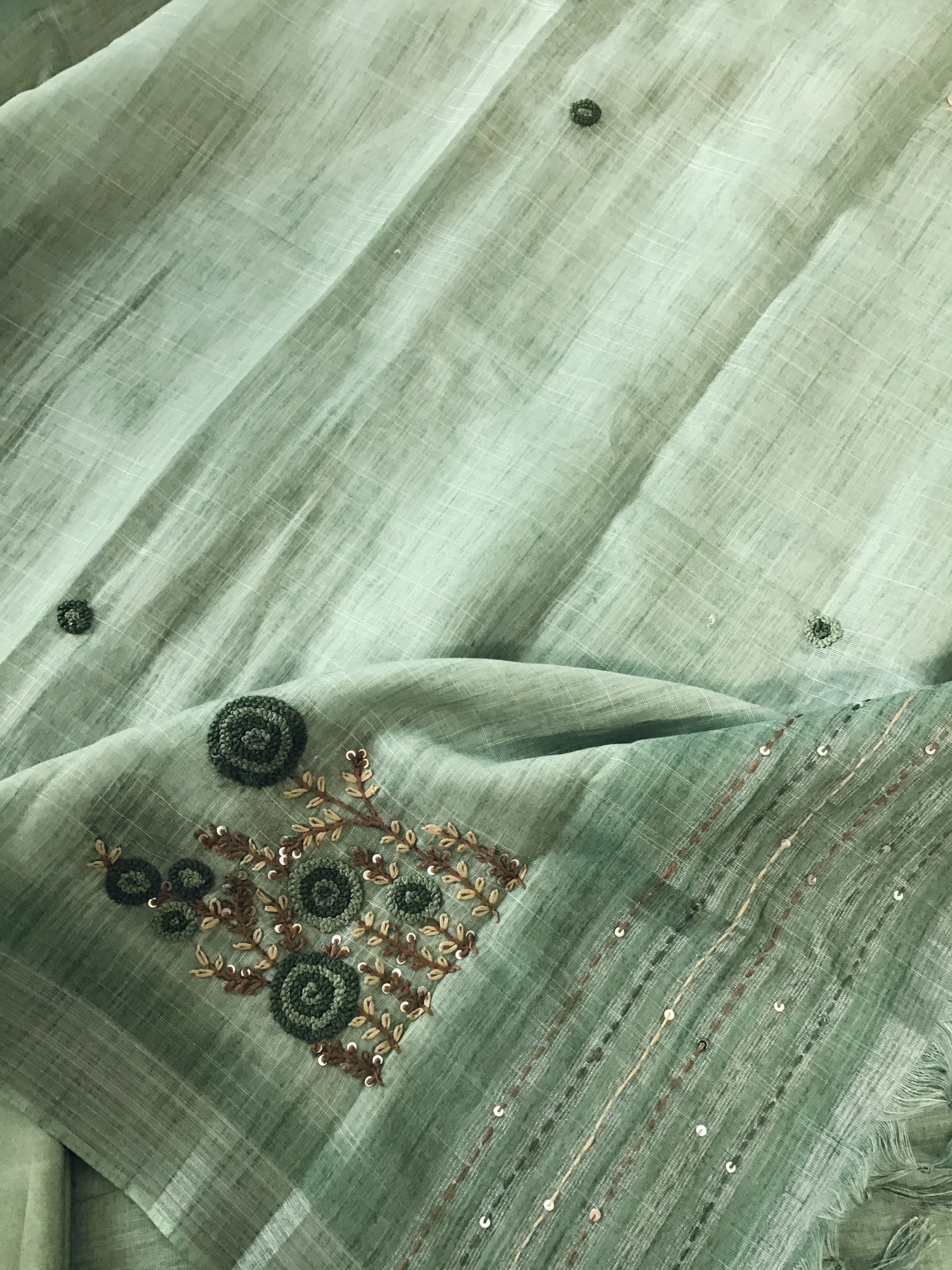 Soft Semi Linen Jute Cotton Printed Embroidered Suit - Green