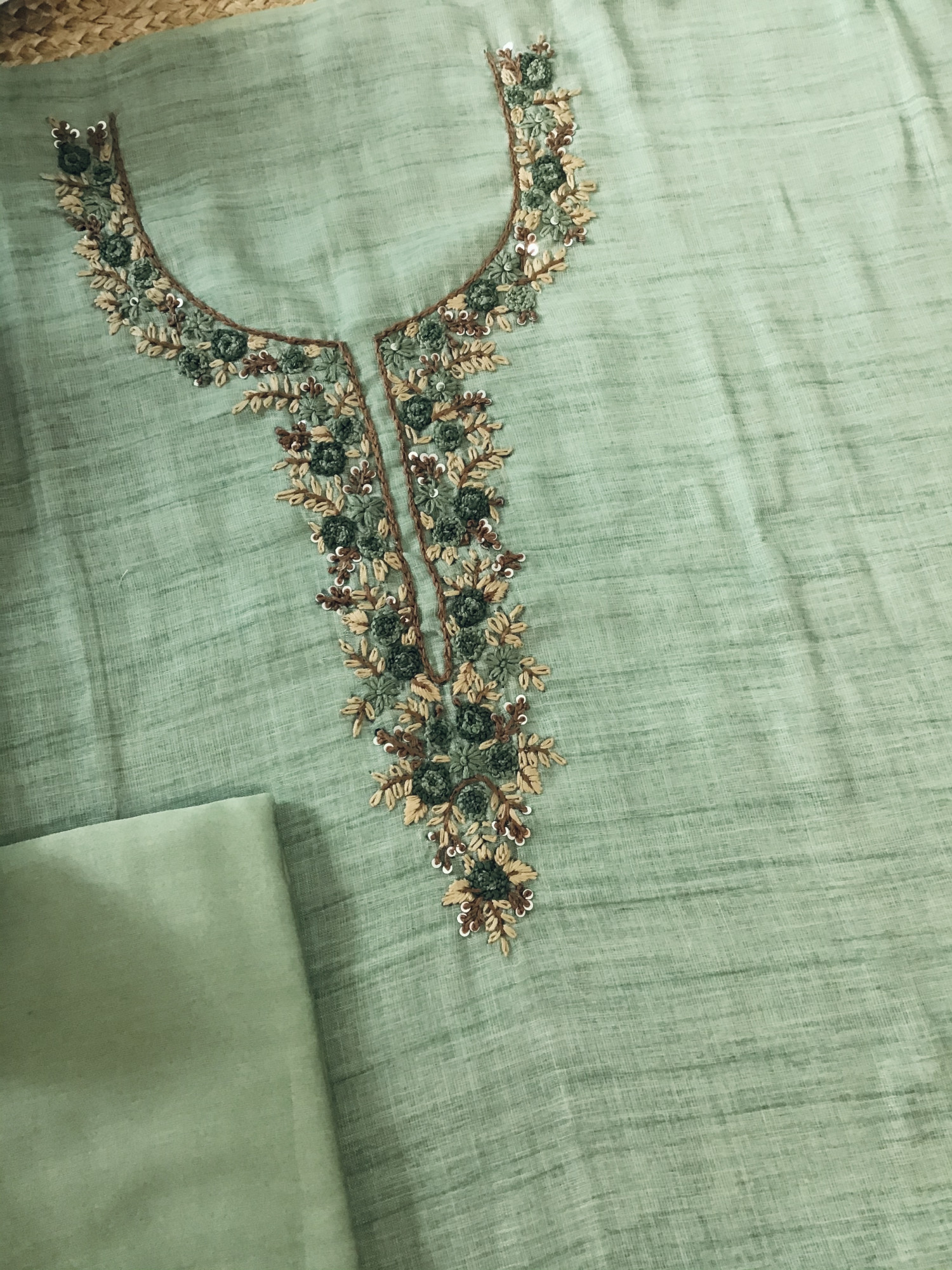 Soft Semi Linen Jute Cotton Printed Embroidered Suit - Green