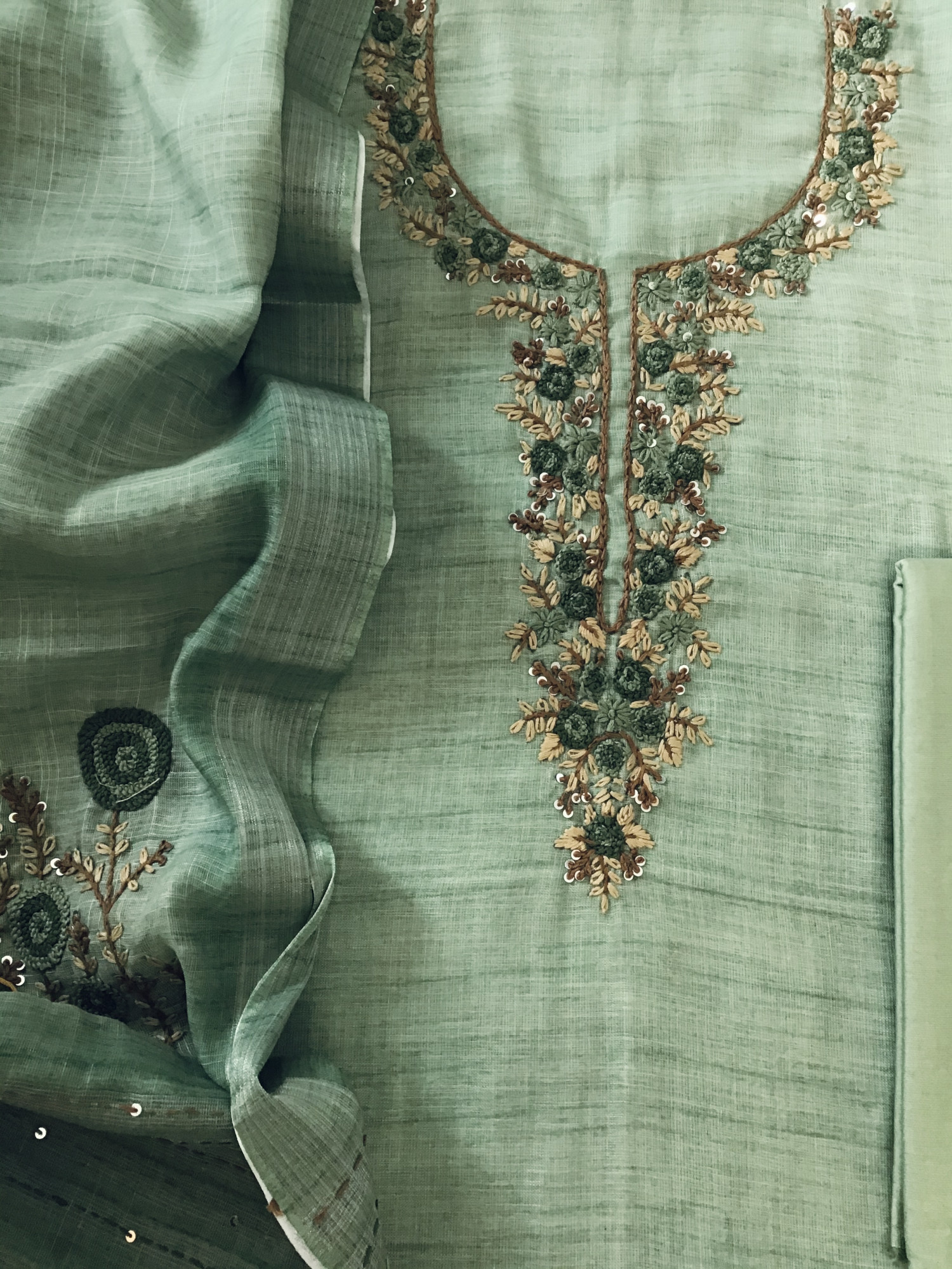 Soft Semi Linen Jute Cotton Printed Embroidered Suit - Green