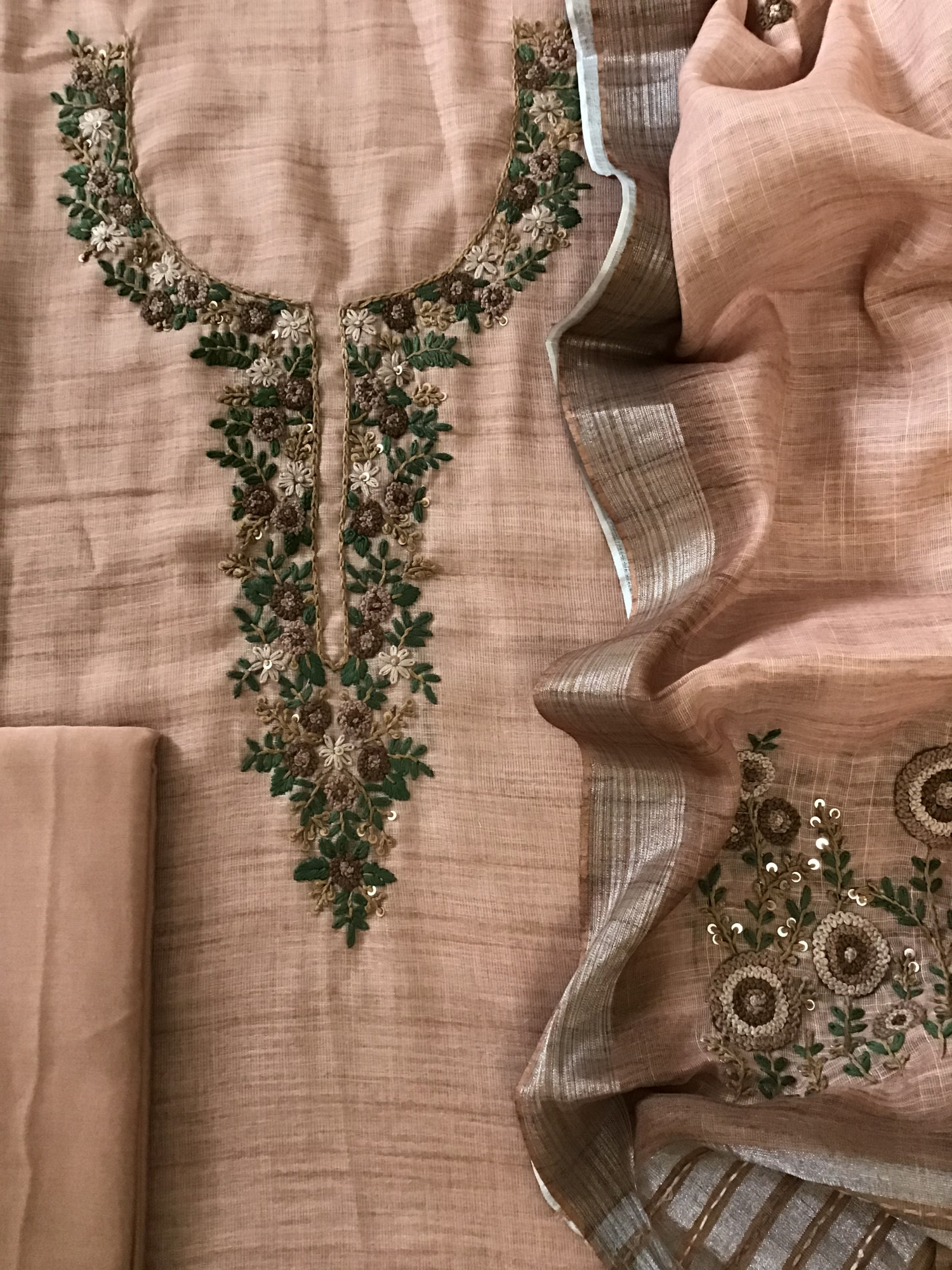 Soft Semi Linen Jute Cotton Printed Embroidered Suit - Peach