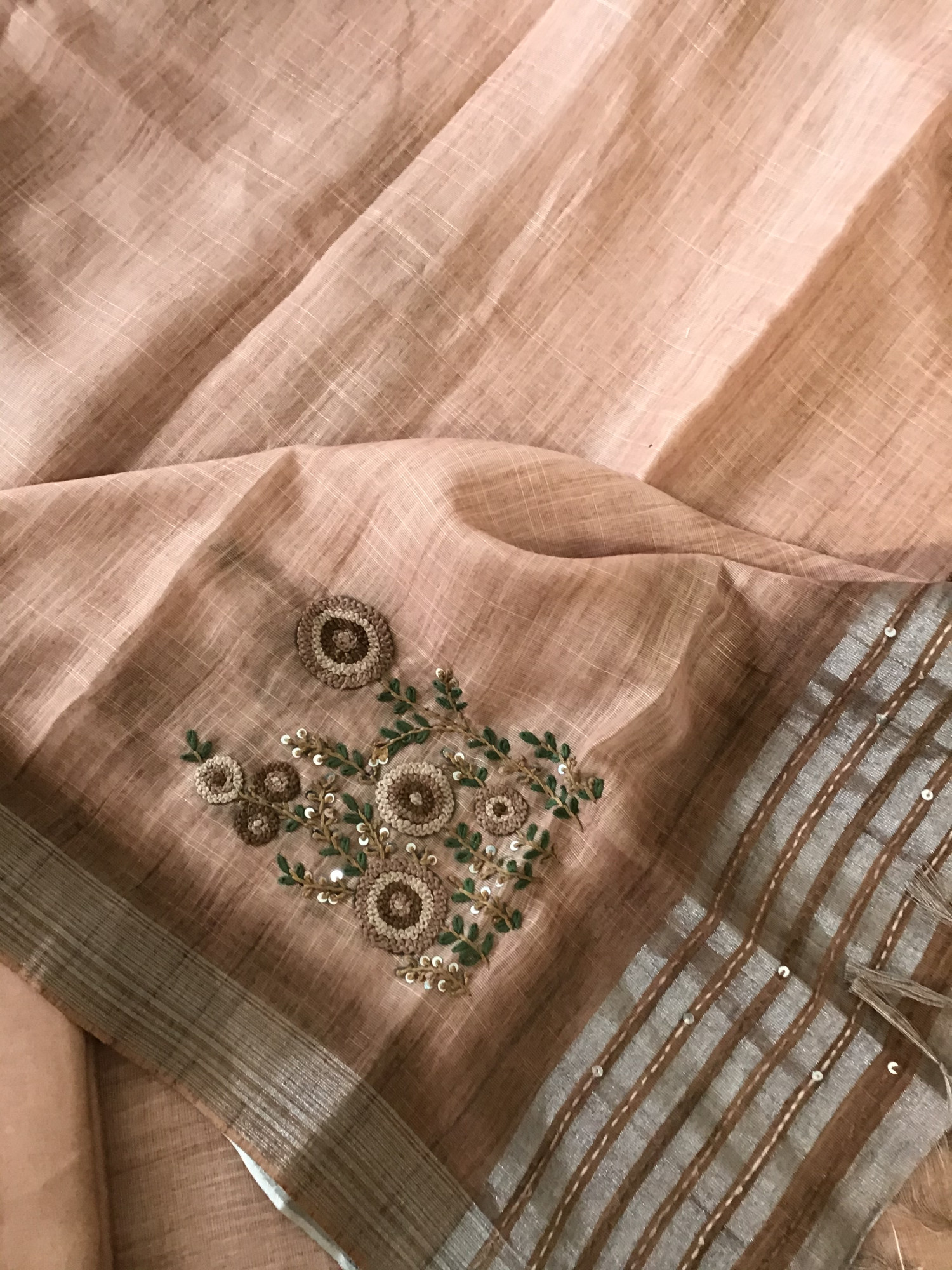 Soft Semi Linen Jute Cotton Printed Embroidered Suit - Peach