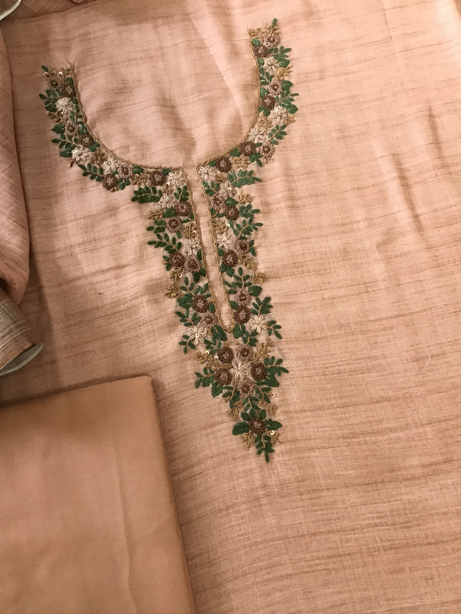 Soft Semi Linen Jute Cotton Printed Embroidered Suit - Peach