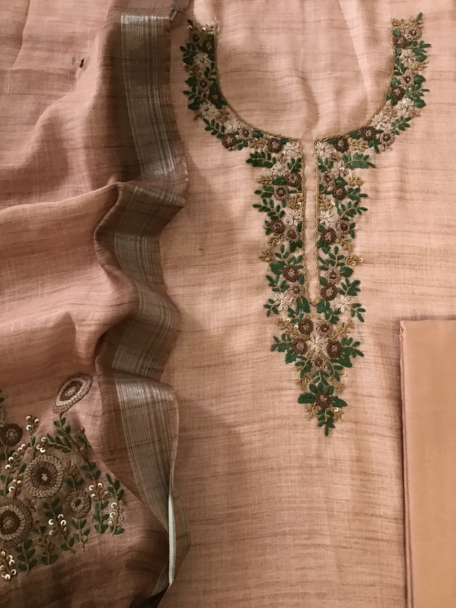 Soft Semi Linen Jute Cotton Printed Embroidered Suit - Peach