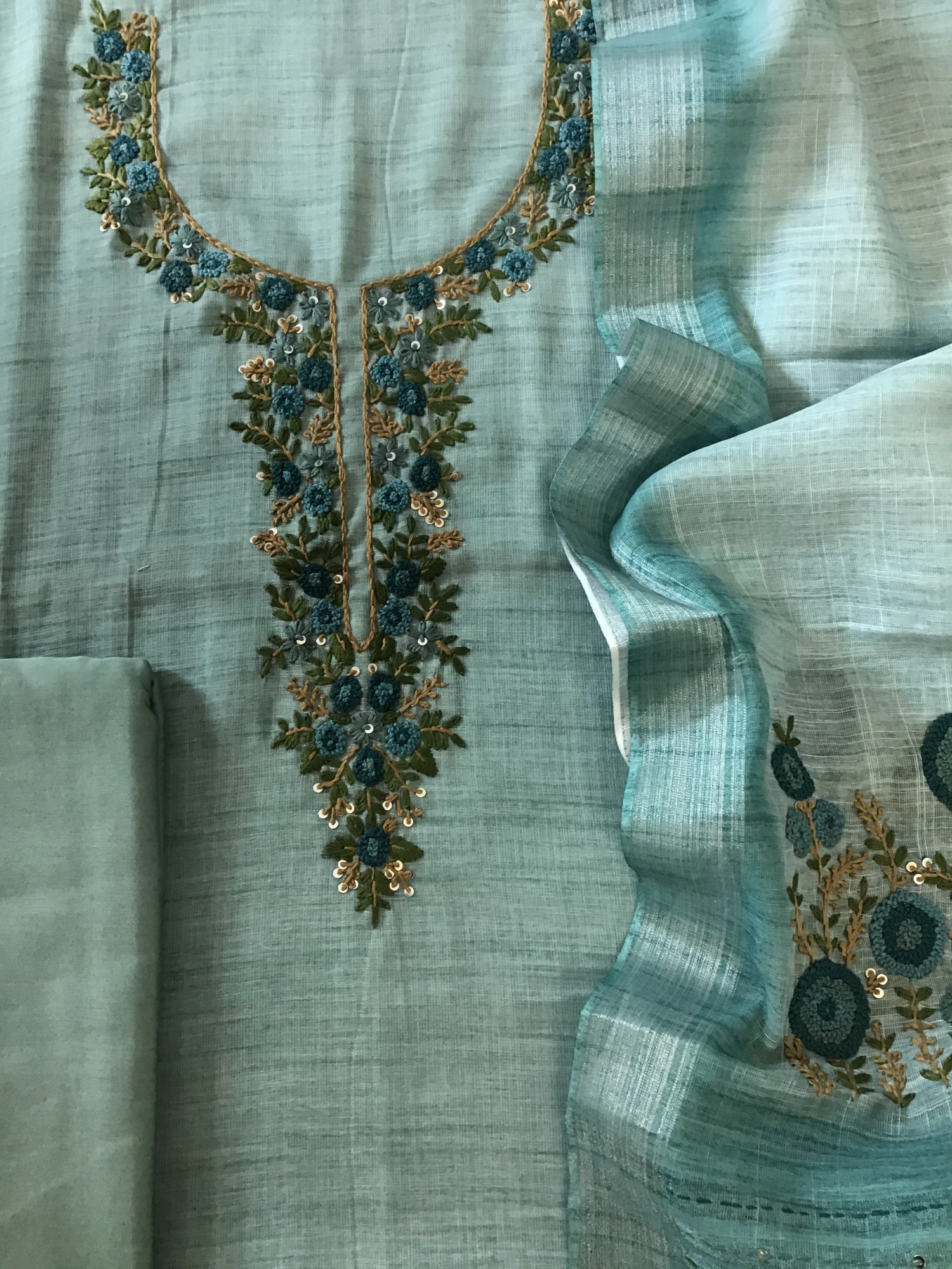 Soft Semi Linen Jute Cotton Printed Embroidered Suit - Blue