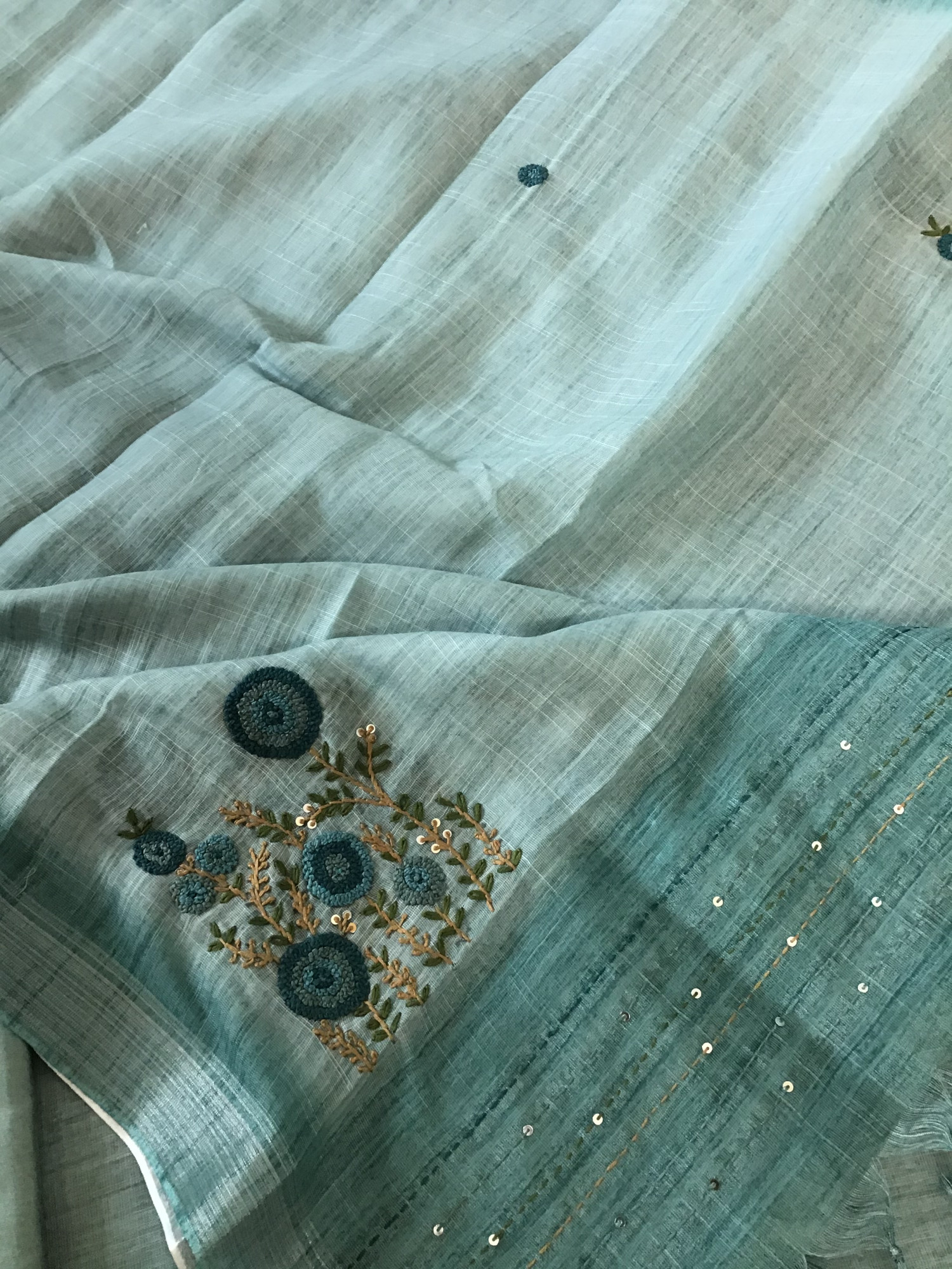 Soft Semi Linen Jute Cotton Printed Embroidered Suit - Blue