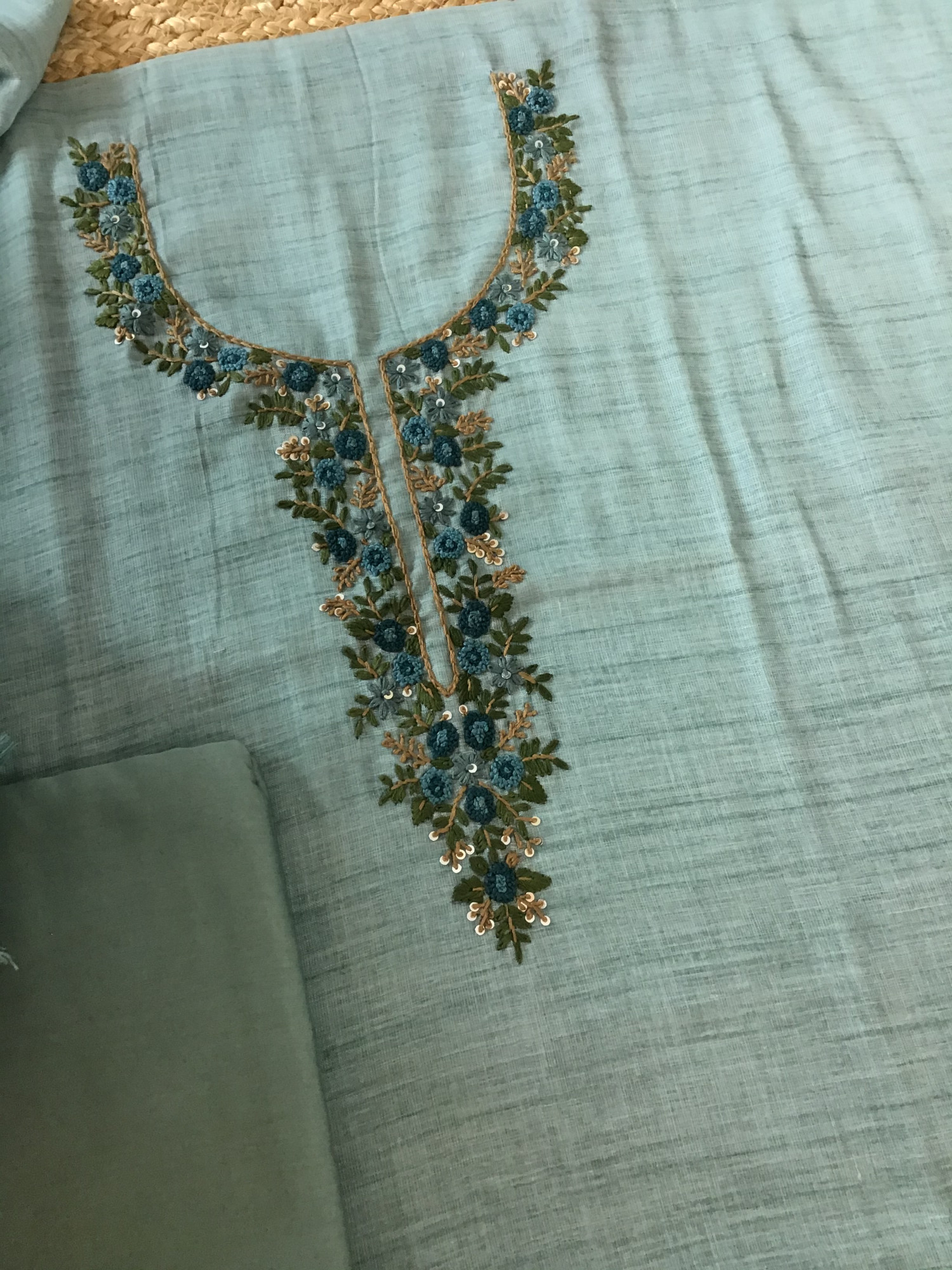 Soft Semi Linen Jute Cotton Printed Embroidered Suit - Blue