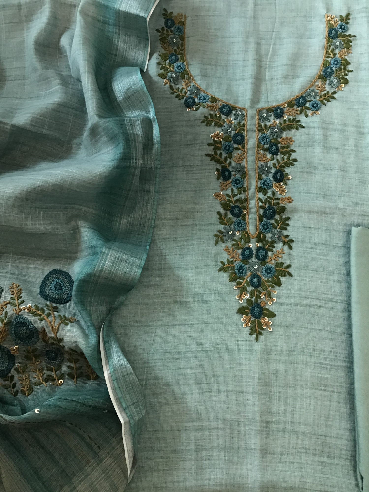 Soft Semi Linen Jute Cotton Printed Embroidered Suit - Blue