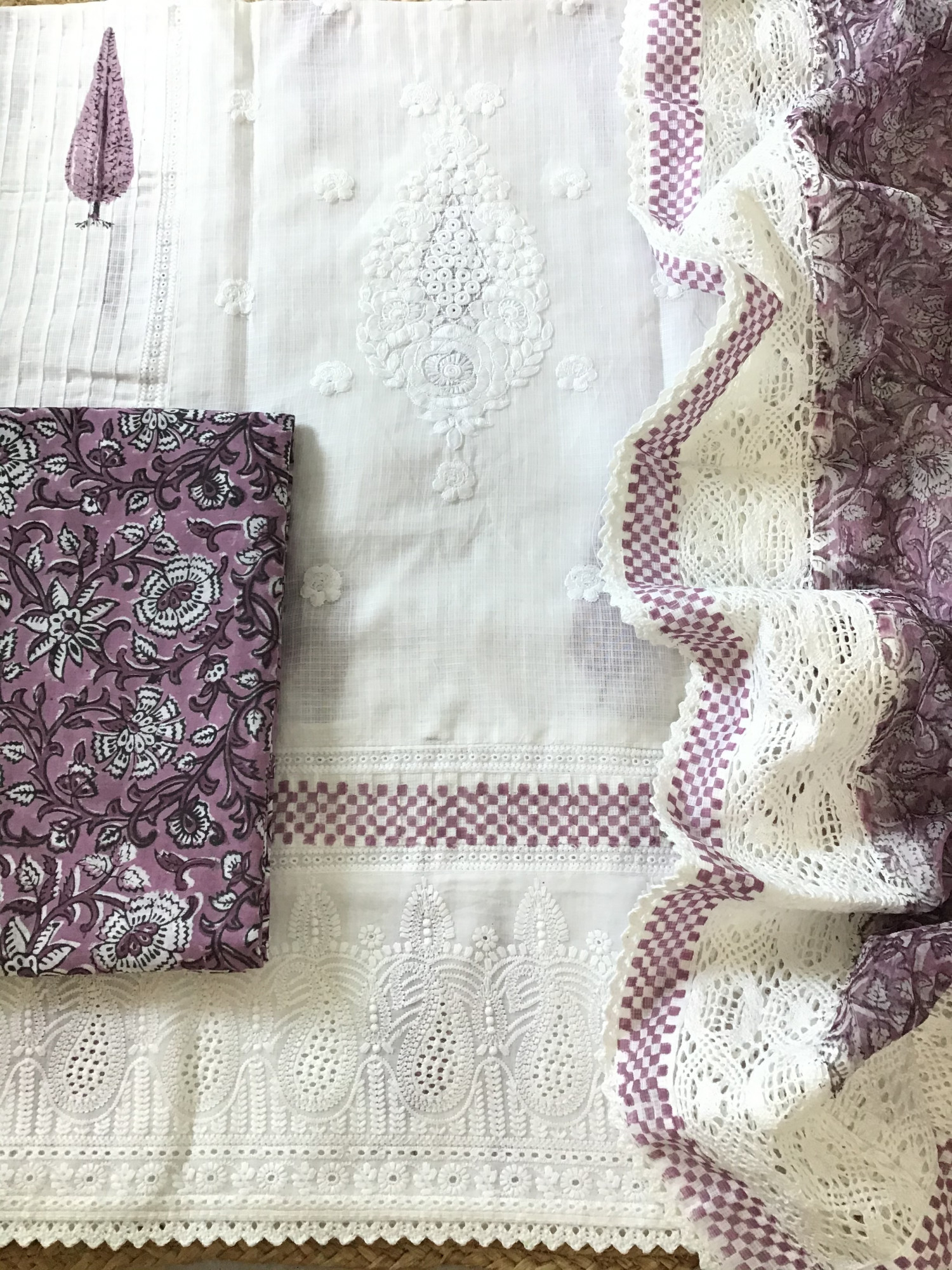 Pure Kota Cotton Printed Embroidered Suit - WhitePink