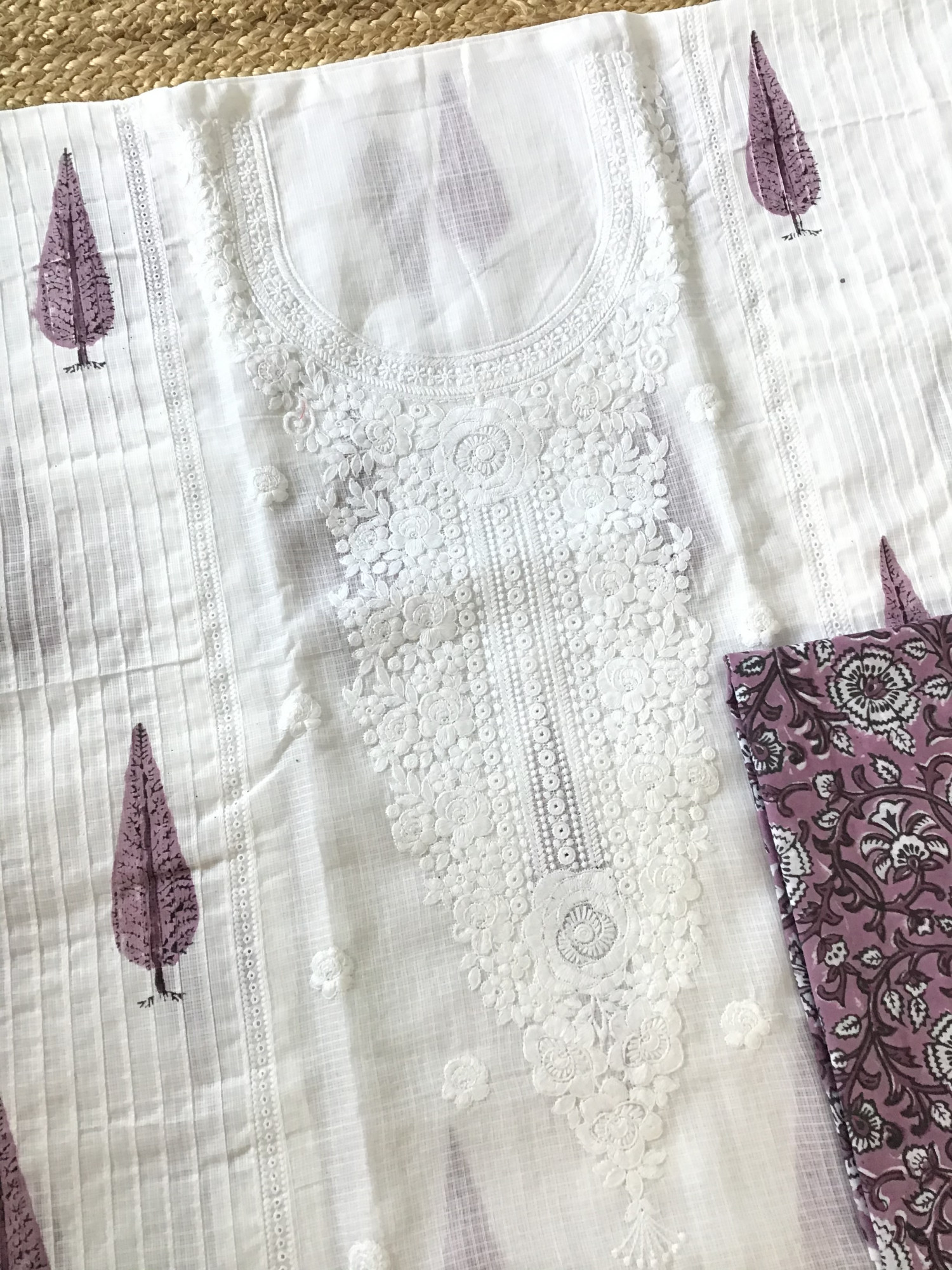Pure Kota Cotton Printed Embroidered Suit - WhitePink