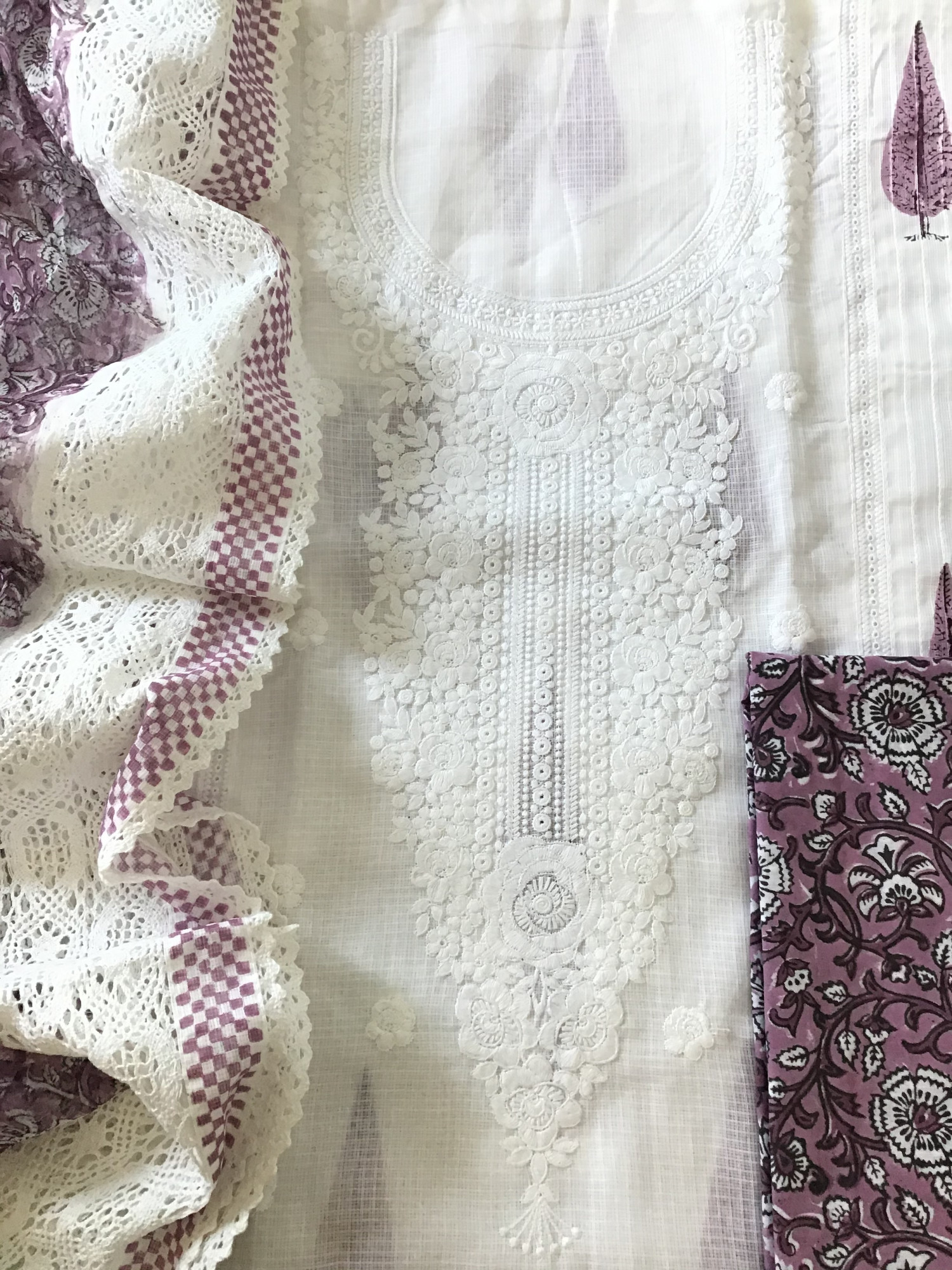 Pure Kota Cotton Printed Embroidered Suit - WhitePink