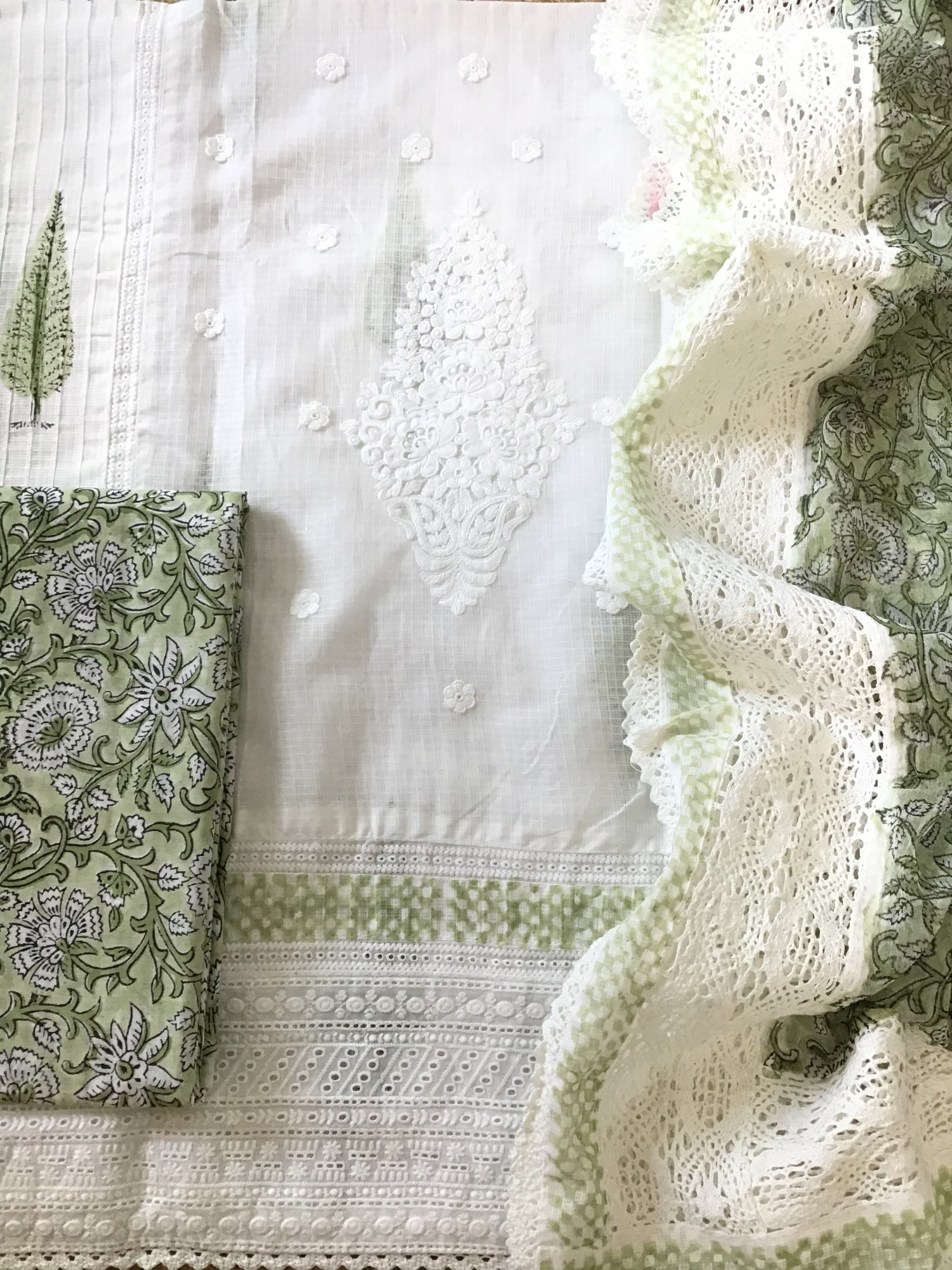 Pure Kota Cotton Printed Embroidered Suit - WhiteGreen