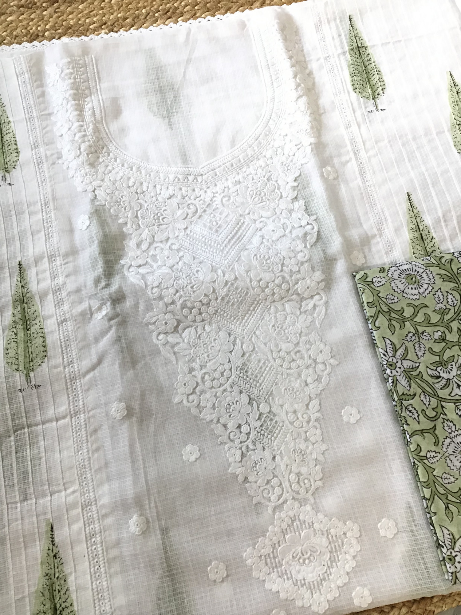 Pure Kota Cotton Printed Embroidered Suit - WhiteGreen