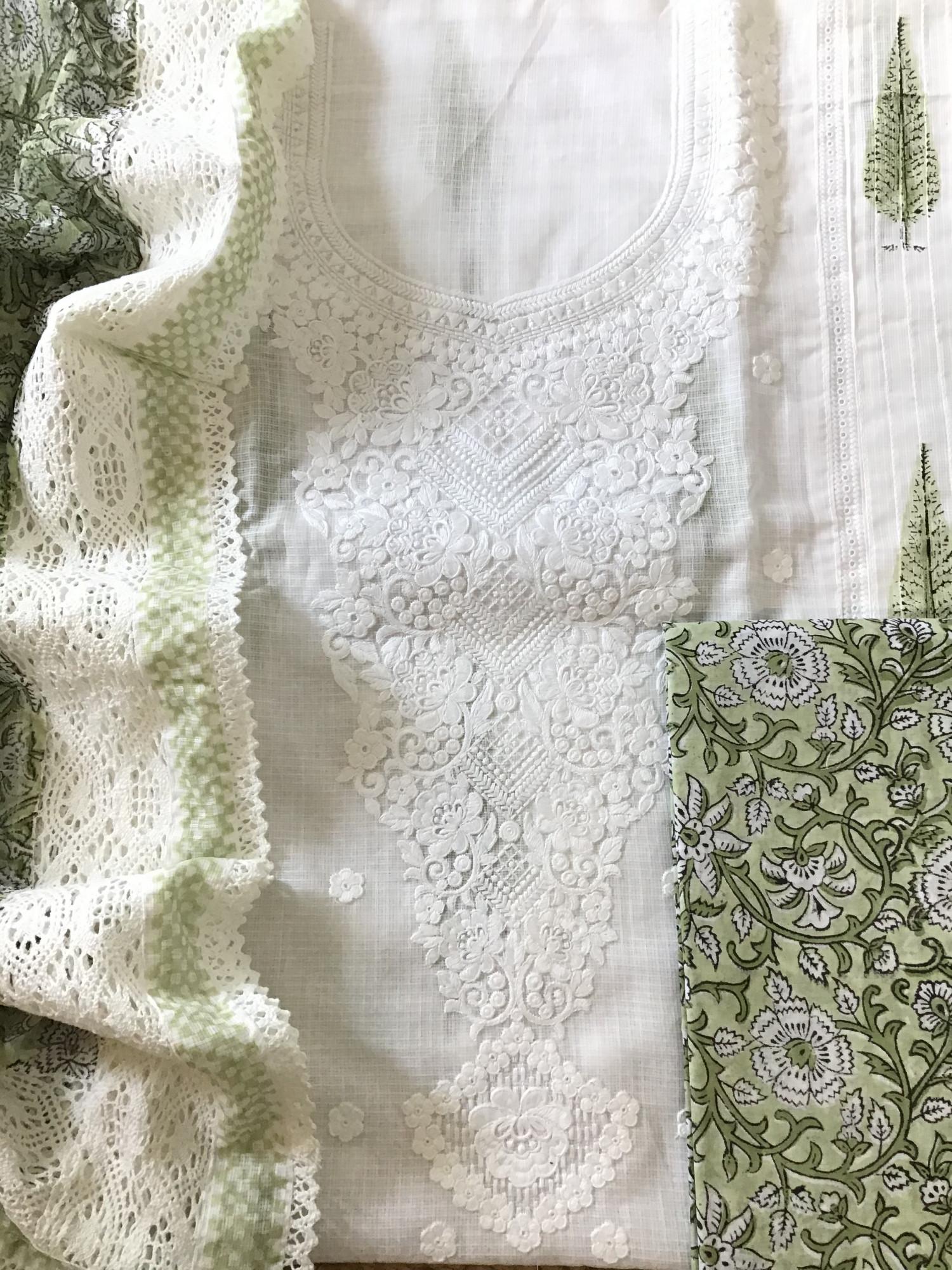 Pure Kota Cotton Printed Embroidered Suit - WhiteGreen