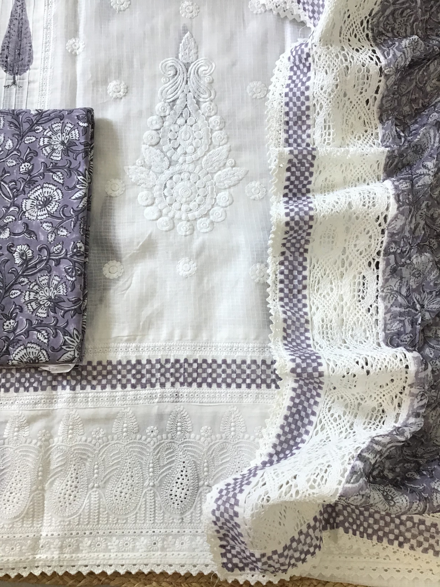 Pure Kota Cotton Printed Embroidered Suit - WhitePurple