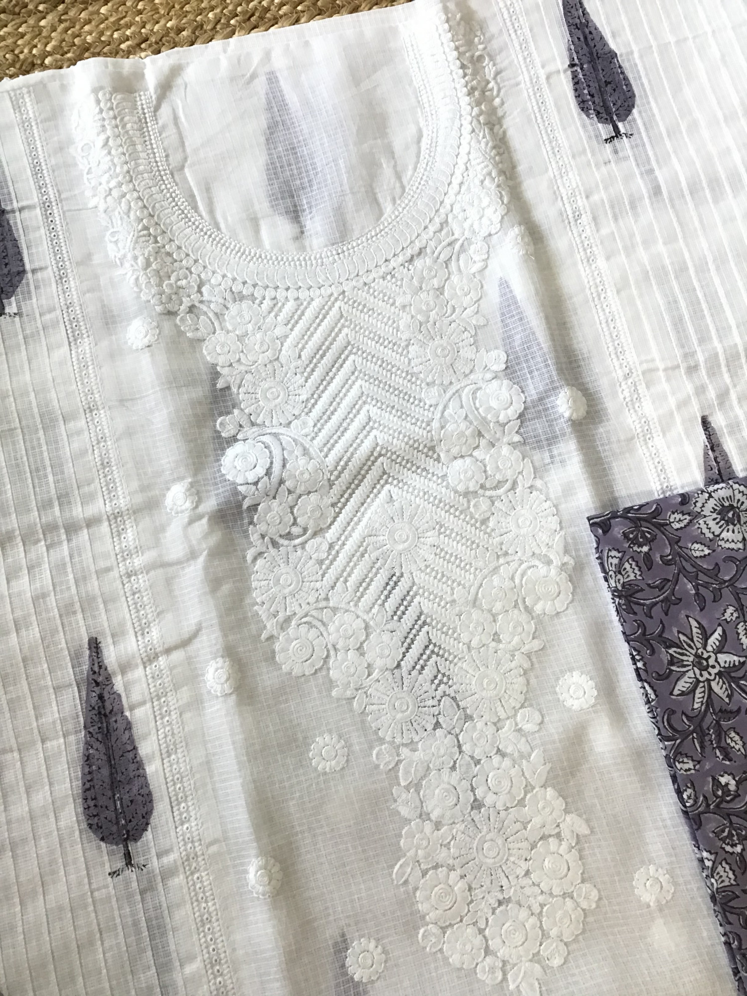 Pure Kota Cotton Printed Embroidered Suit - WhitePurple