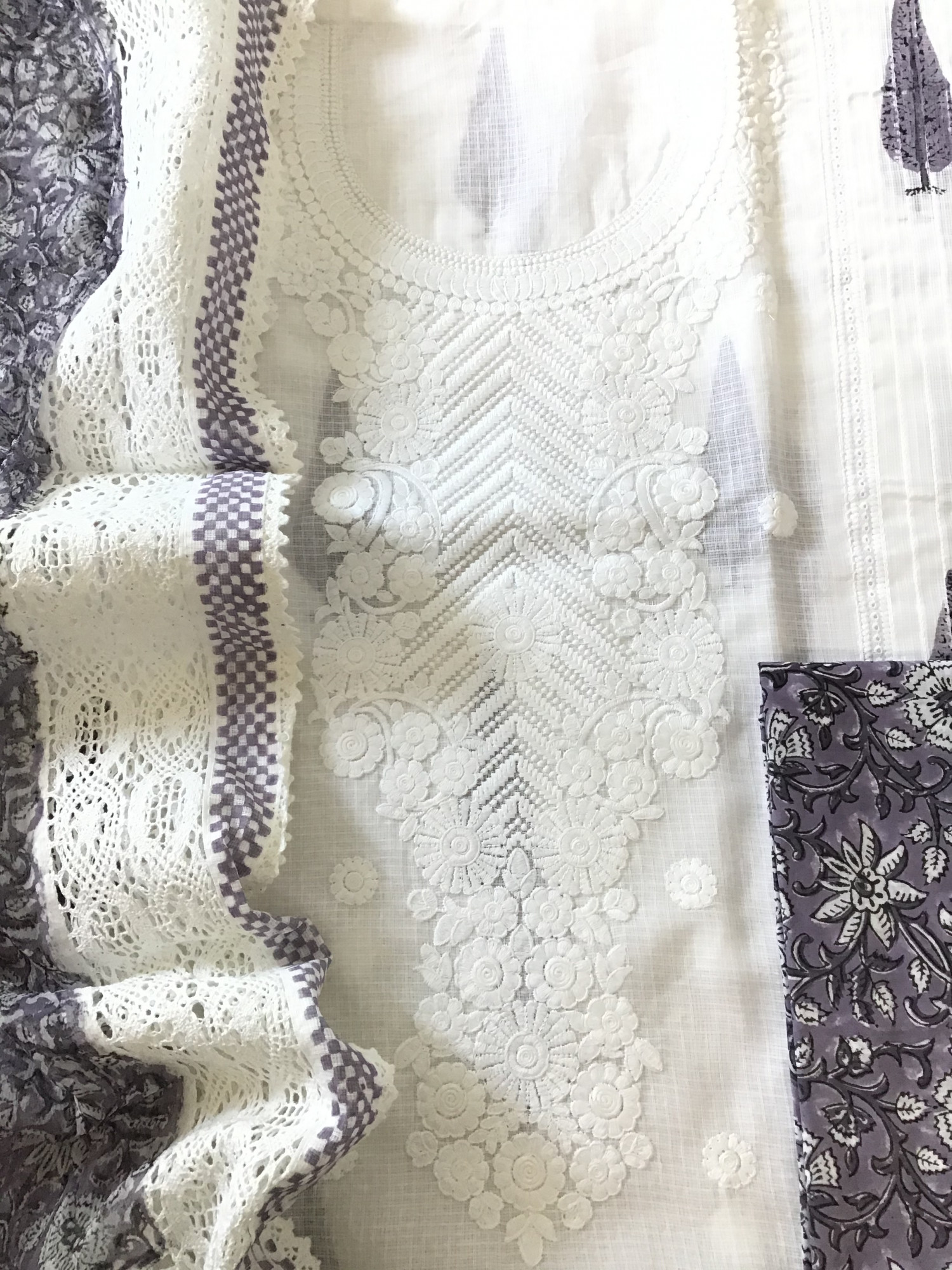 Pure Kota Cotton Printed Embroidered Suit - WhitePurple