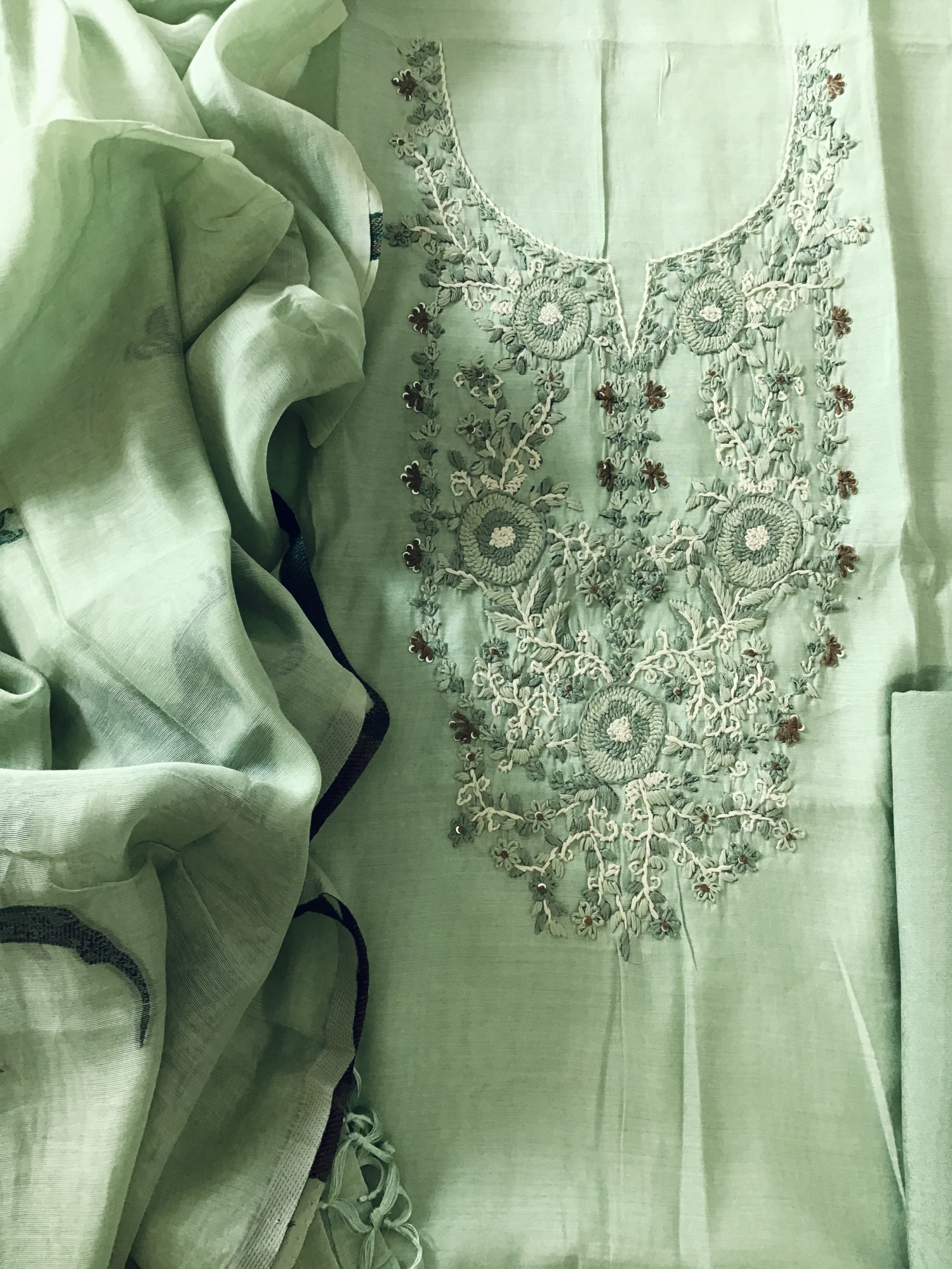 Soft Kora Chanderi Jamdani Weaved Embroidered Suit - Green