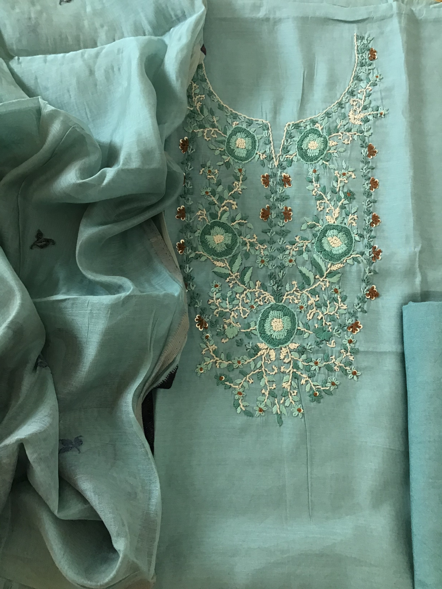 Soft Kora Chanderi Jamdani Weaved Embroidered Suit - Sea Green