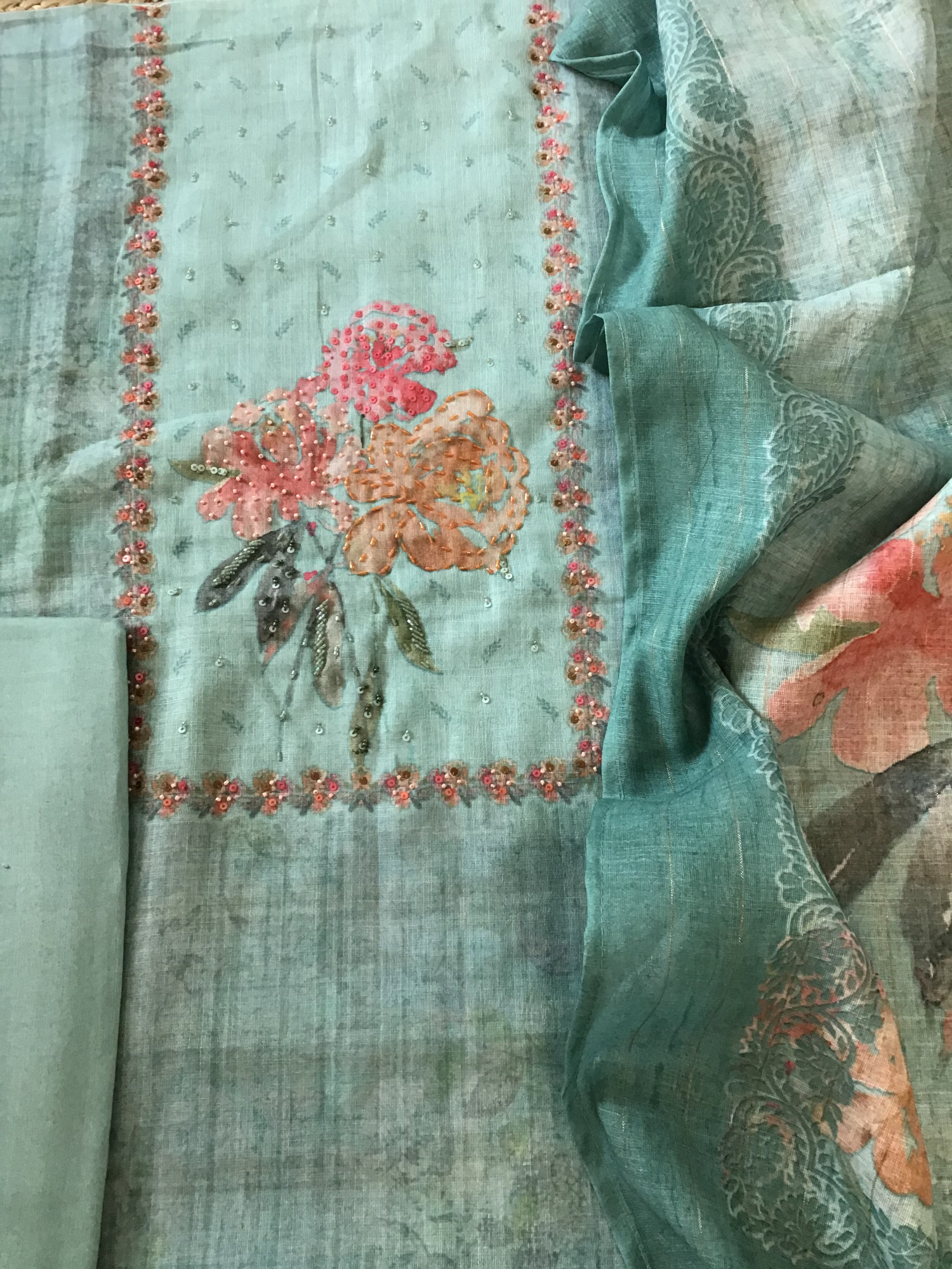 Soft Tissue Slub Cotton Printed Embroidered Suit - Blue