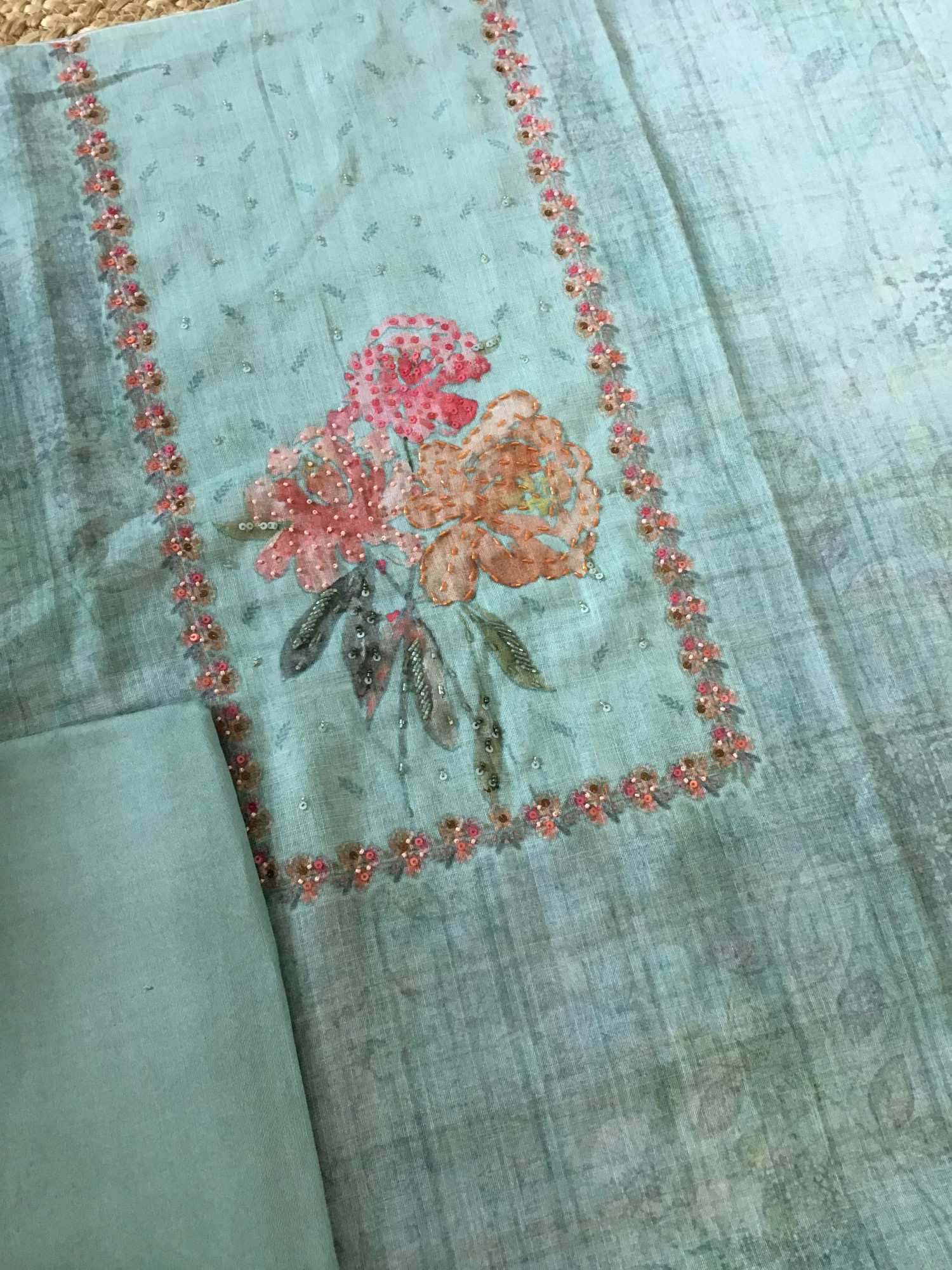 Soft Tissue Slub Cotton Printed Embroidered Suit - Blue