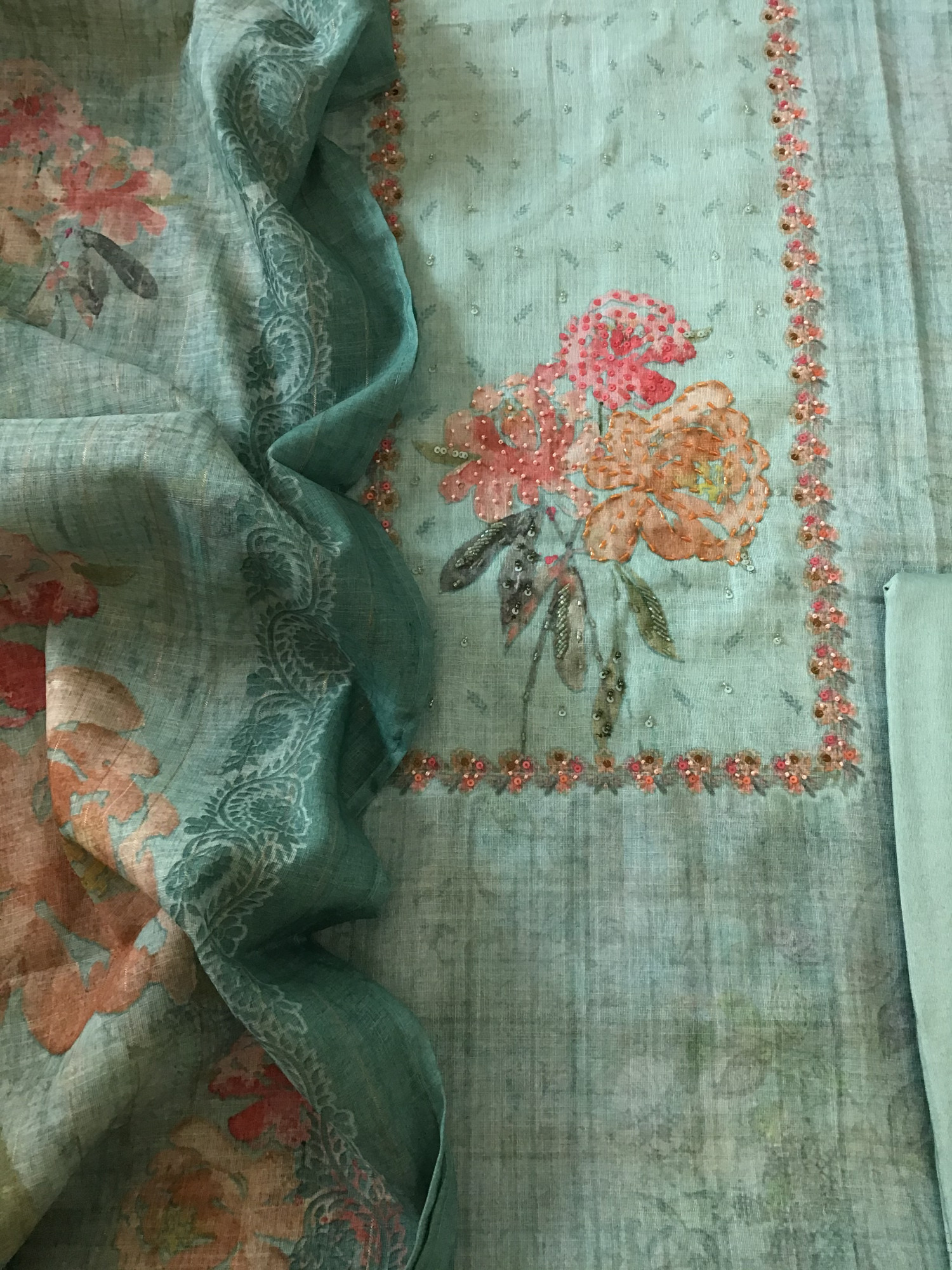 Soft Tissue Slub Cotton Printed Embroidered Suit - Blue