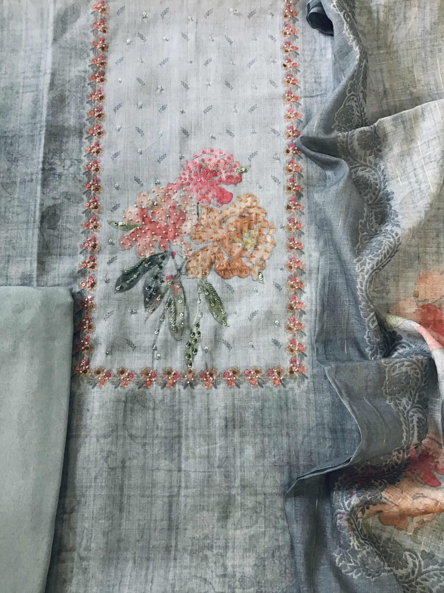 Soft Tissue Slub Cotton Printed Embroidered Suit - Grey