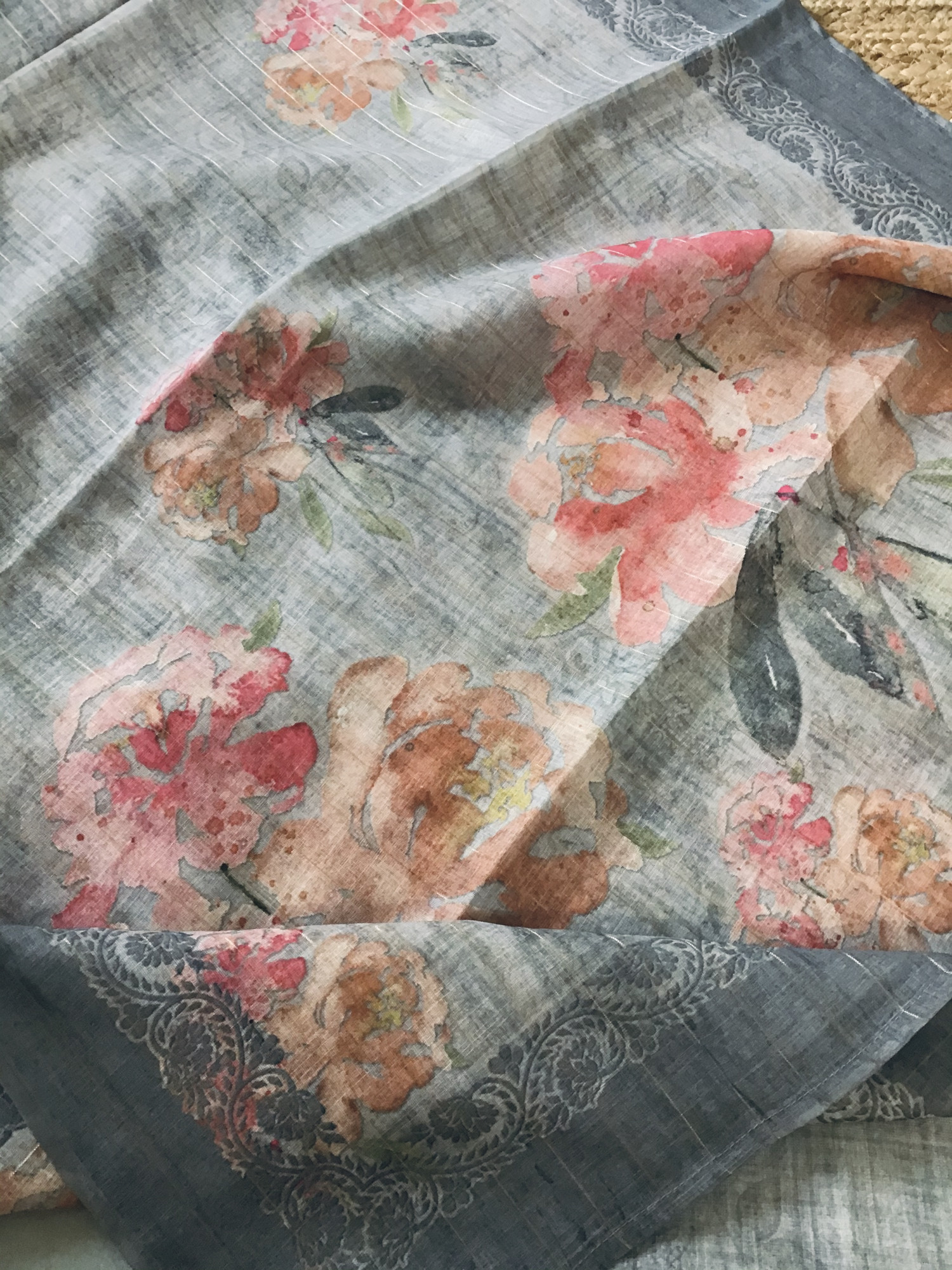 Soft Tissue Slub Cotton Printed Embroidered Suit - Grey