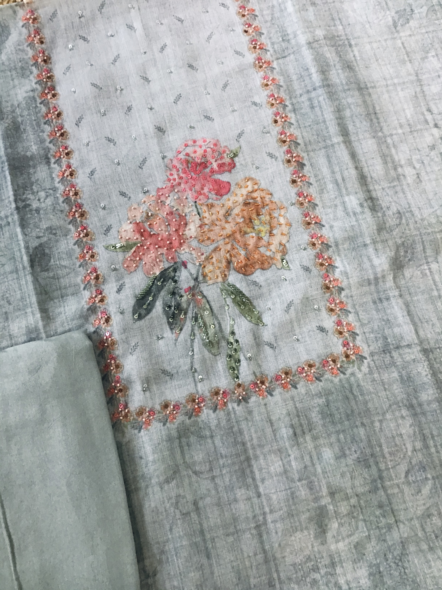 Soft Tissue Slub Cotton Printed Embroidered Suit - Grey