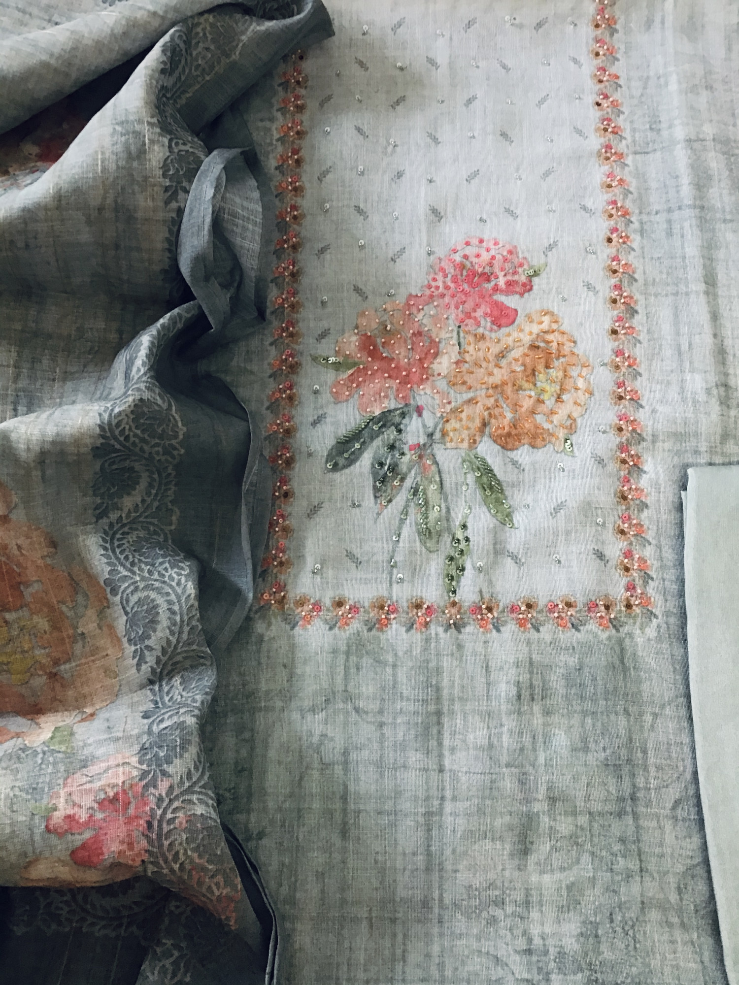 Soft Tissue Slub Cotton Printed Embroidered Suit - Grey