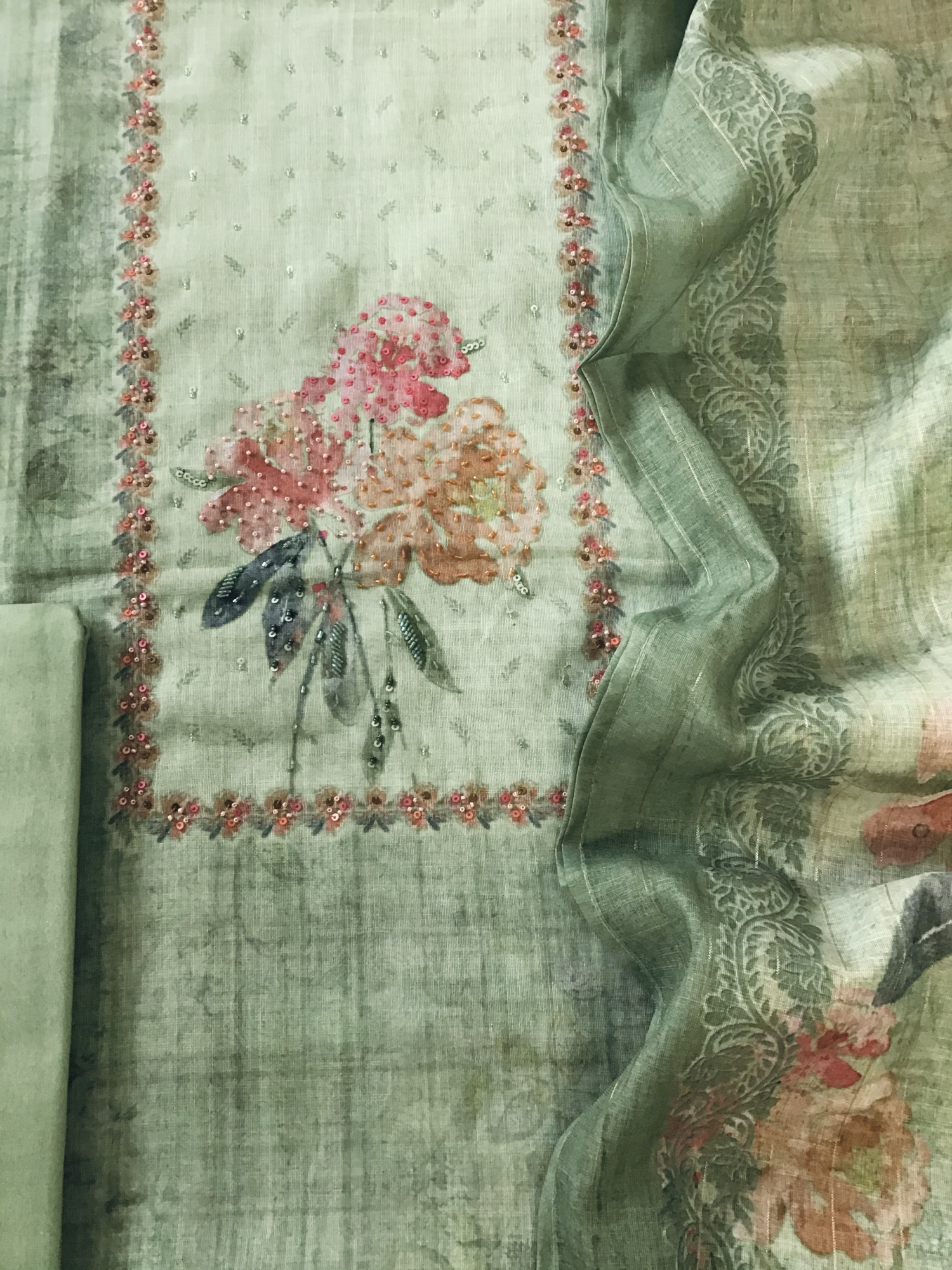 Soft Tissue Slub Cotton Printed Embroidered Suit - Green