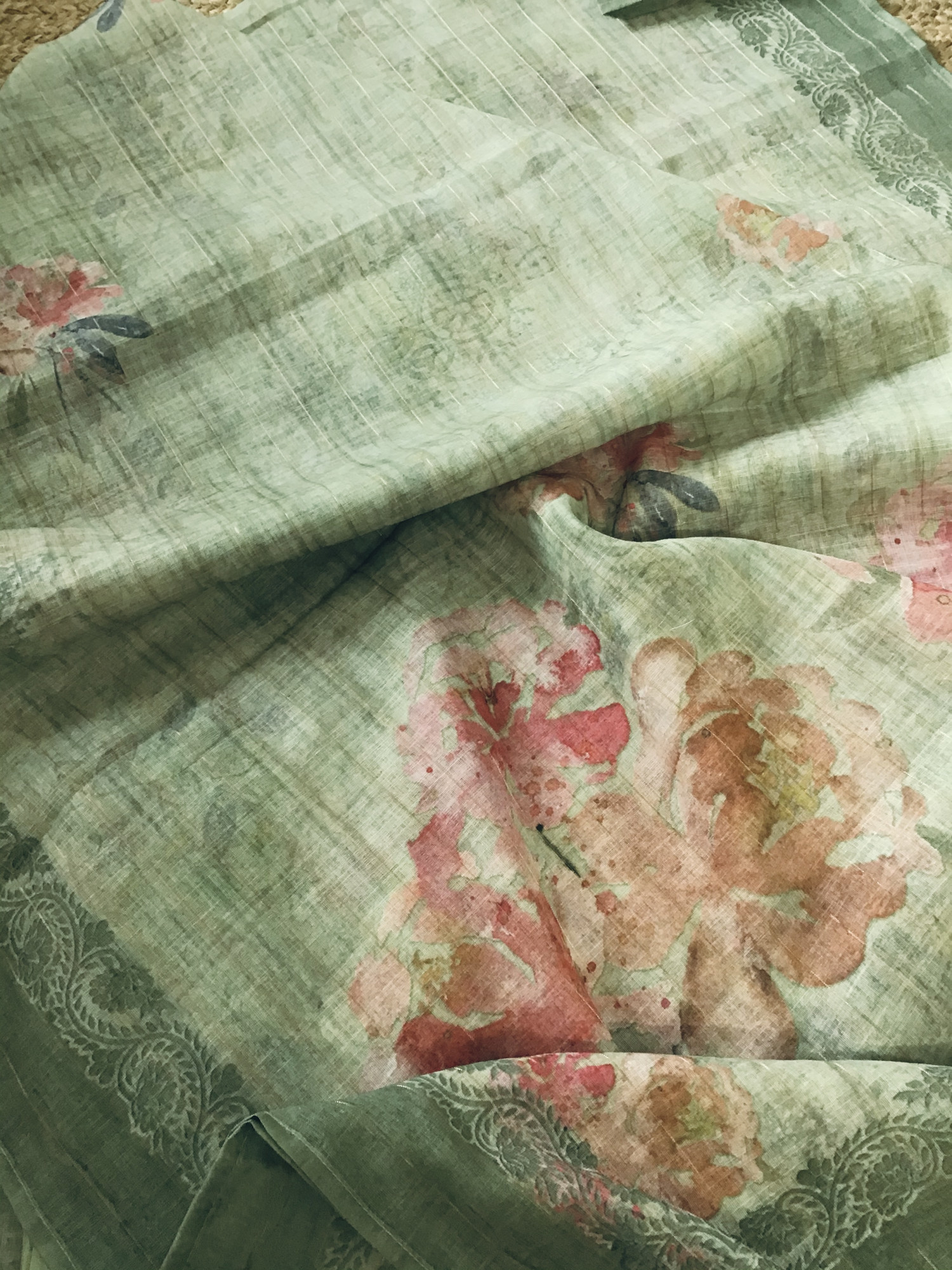 Soft Tissue Slub Cotton Printed Embroidered Suit - Green