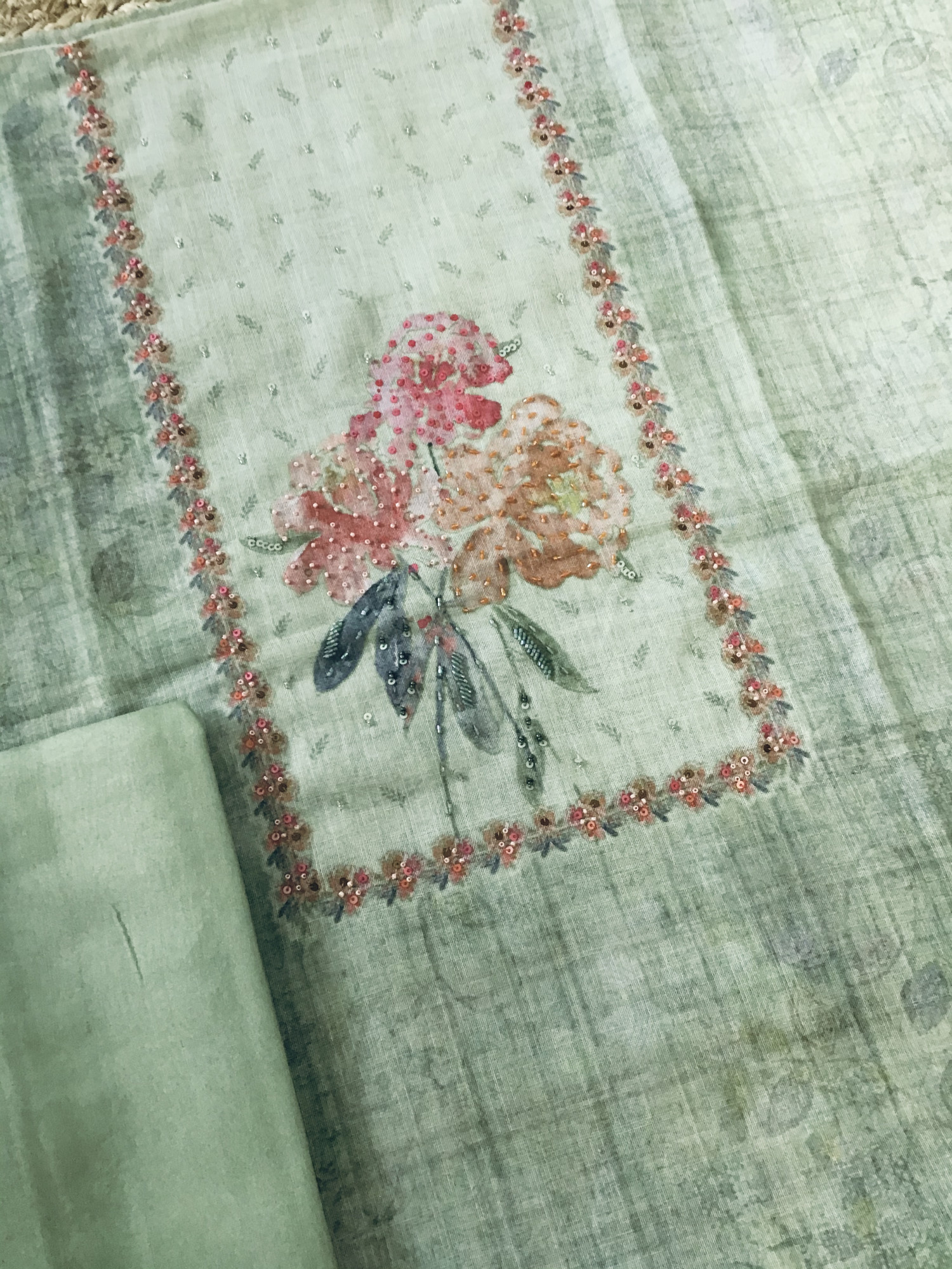 Soft Tissue Slub Cotton Printed Embroidered Suit - Green