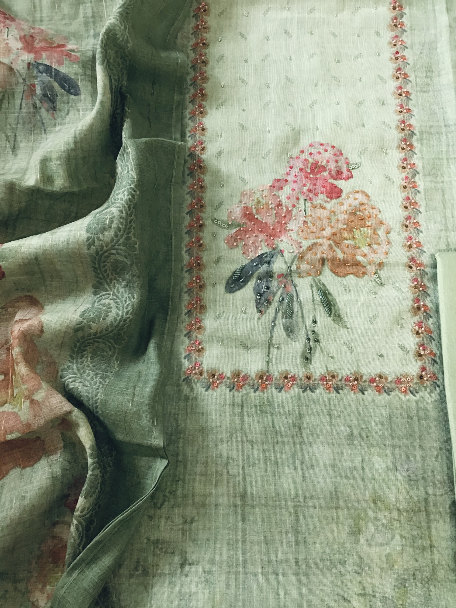 Soft Tissue Slub Cotton Printed Embroidered Suit - Green