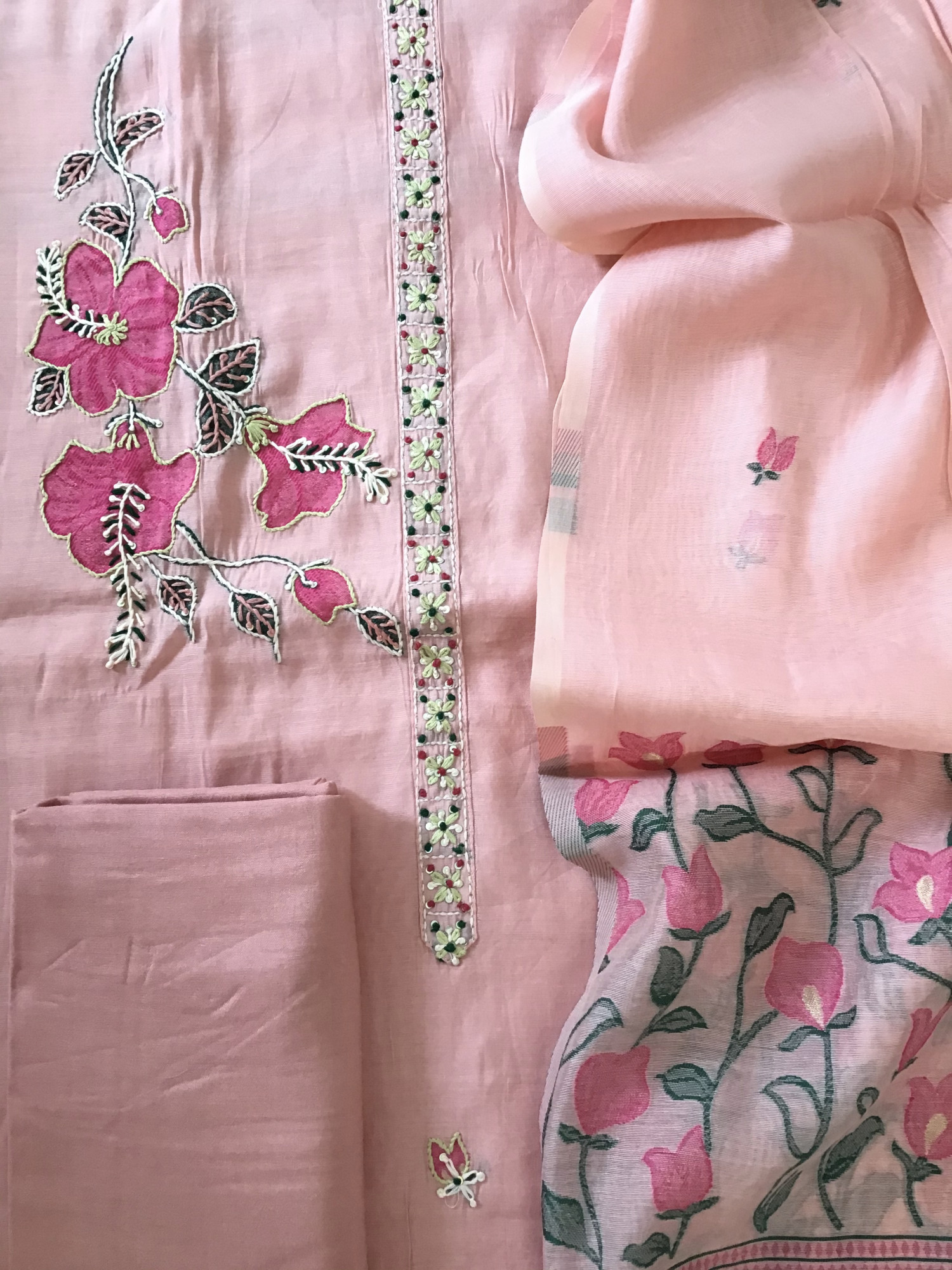 Soft Kora Chanderi Jamdani Weaved Embroidered Suit - Pink
