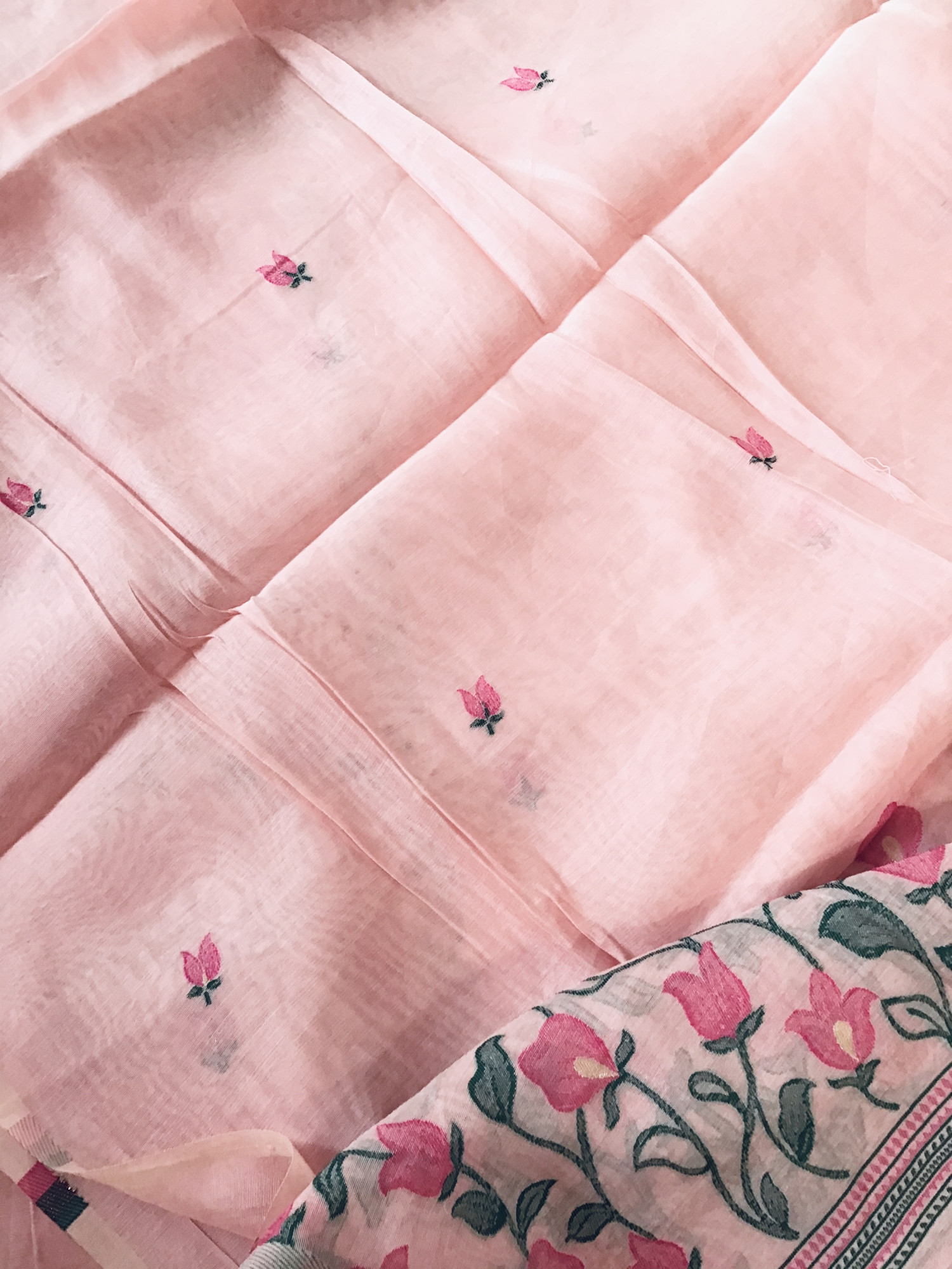 Soft Kora Chanderi Jamdani Weaved Embroidered Suit - Pink