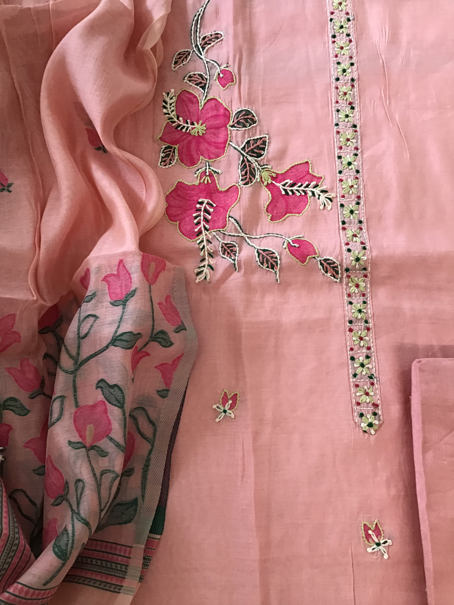 Soft Kora Chanderi Jamdani Weaved Embroidered Suit - Pink