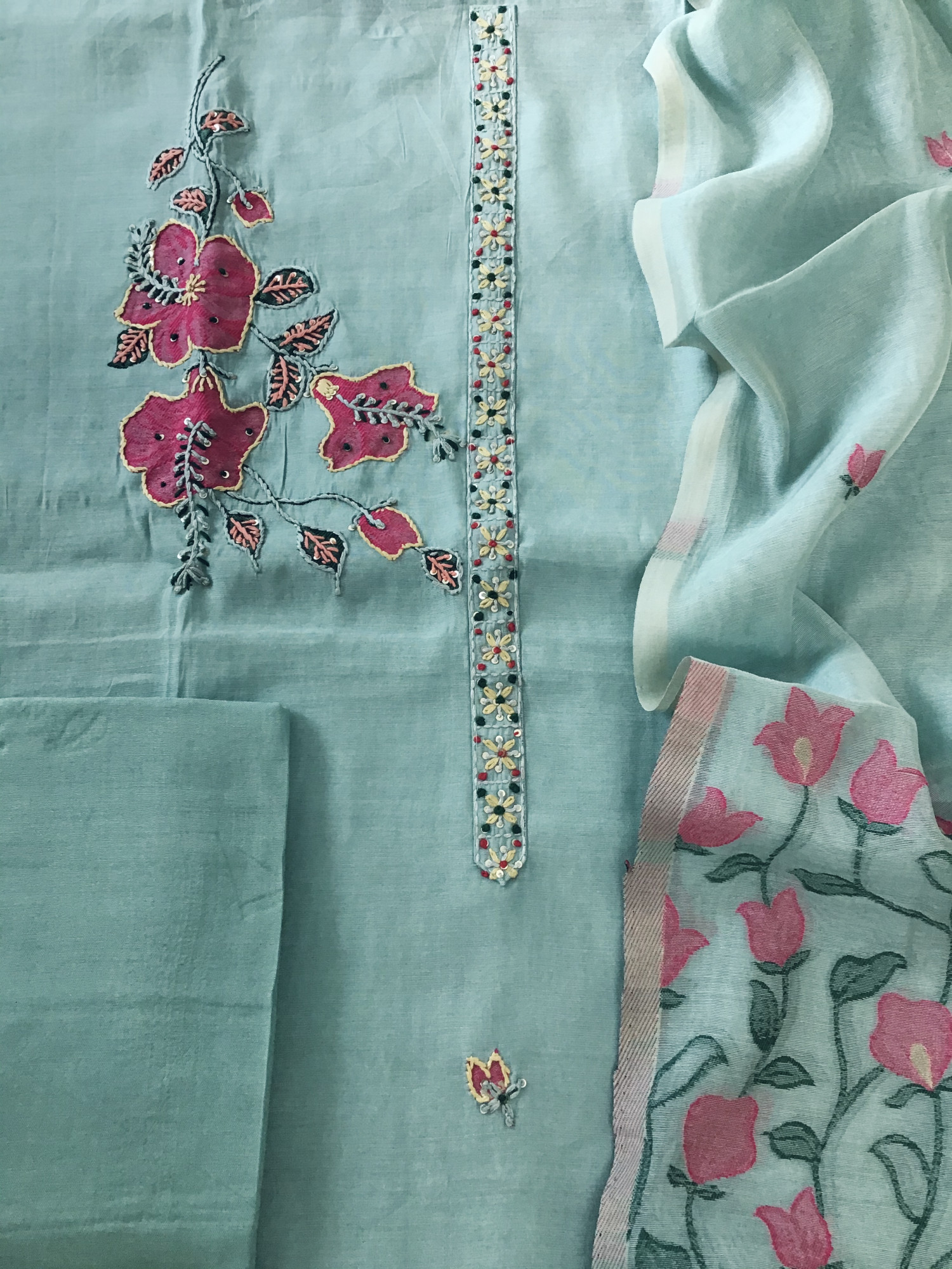Soft Kora Chanderi Jamdani Weaved Embroidered Suit - Sea Green