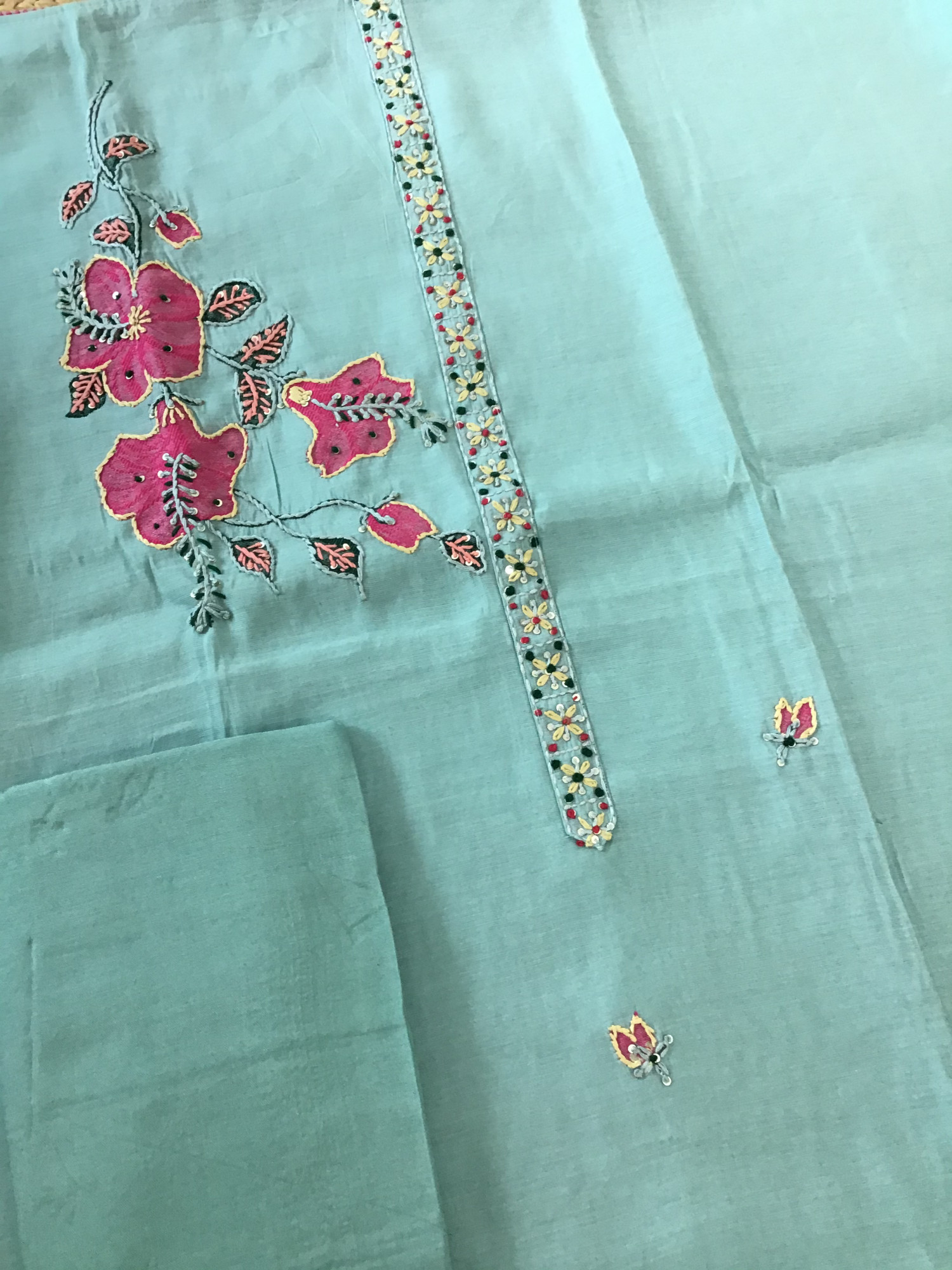 Soft Kora Chanderi Jamdani Weaved Embroidered Suit - Sea Green